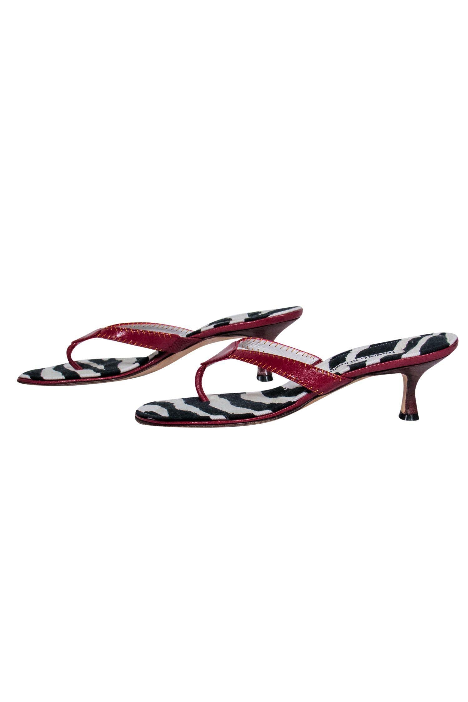 Manolo Blahnik's Stunning Red Leather & Zebra Printed Kitten Heel Sandals - Size 7.5