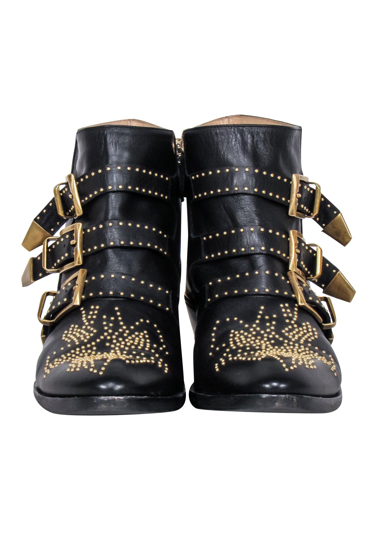Chloe Black Leather Gold Studded Susanna Booties - Size 11: A Fashion Statement!