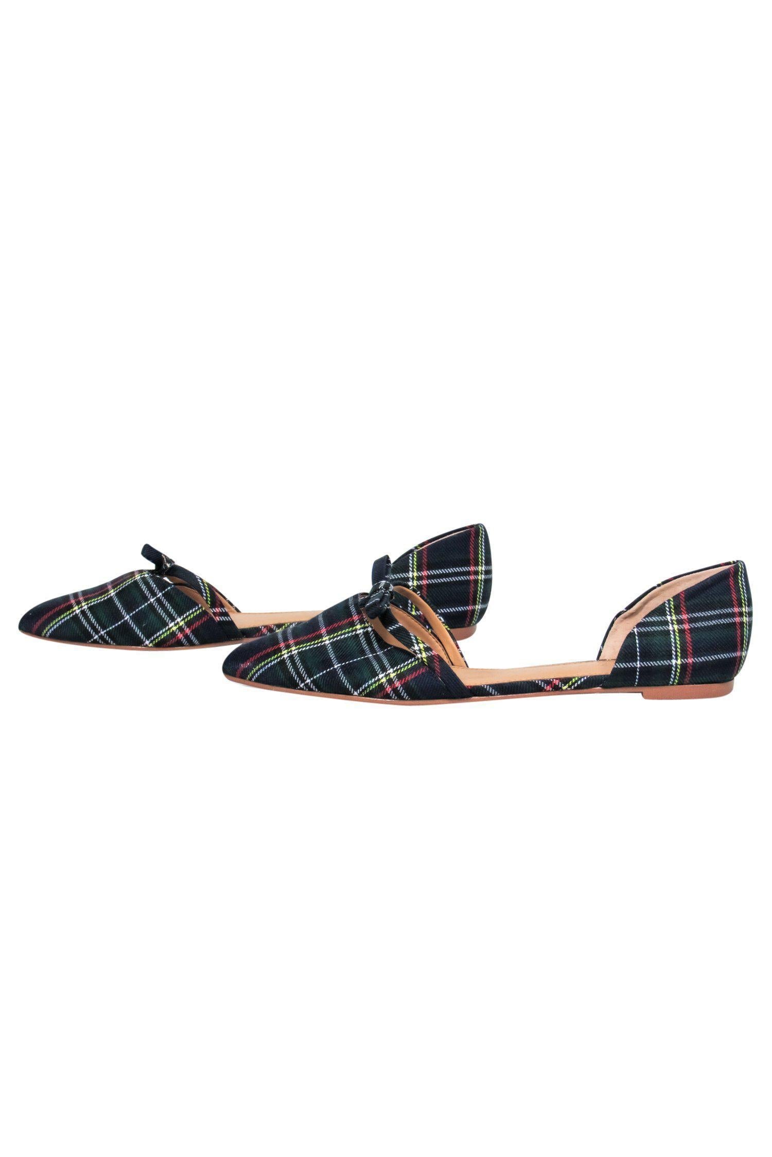 J.Crew Navy & Green Plaid Bow-Pointed Toe D'Orsay Flats - Size 8.5