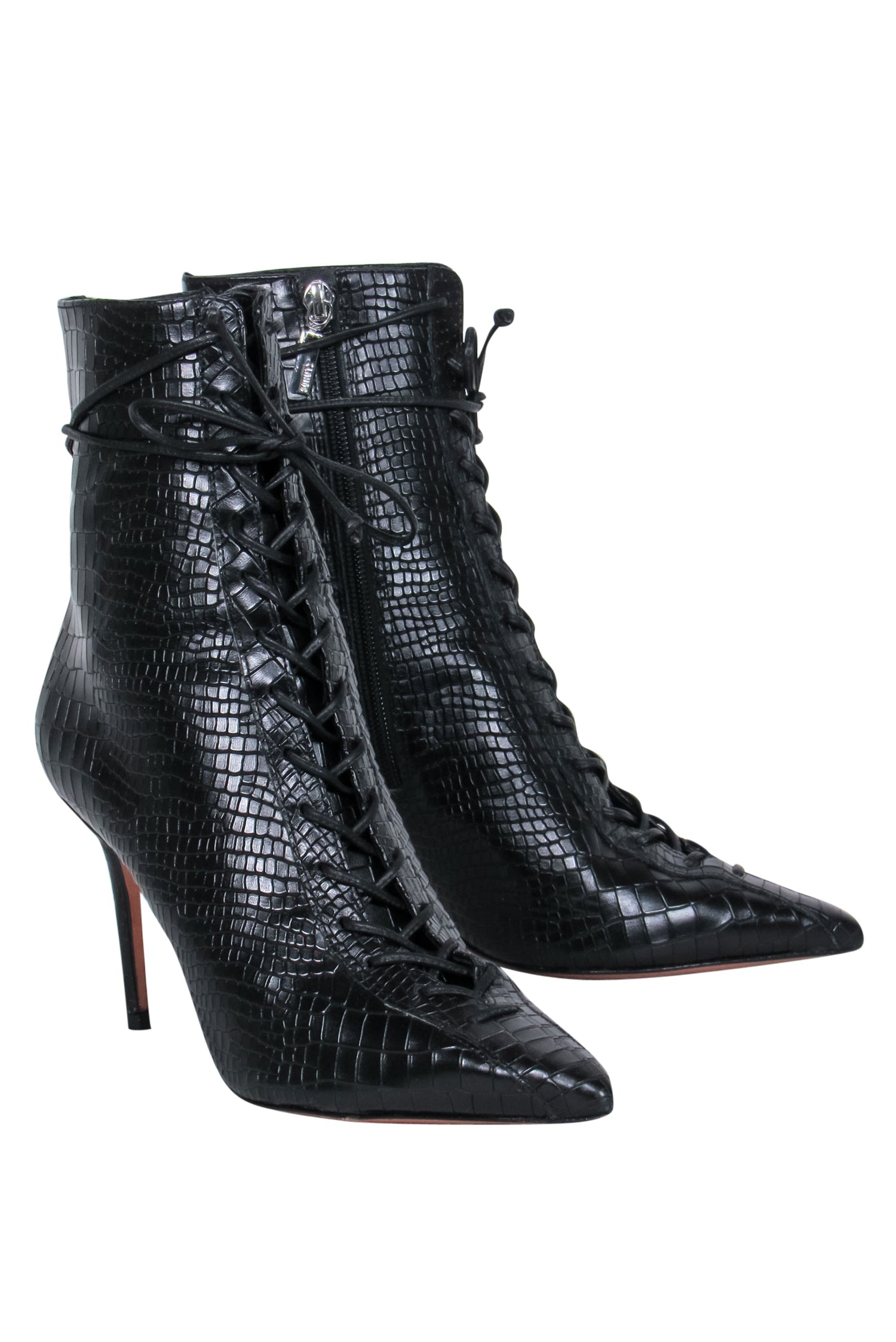 Schutz - Exquisite Black Leather Reptile Embossed Lace - Up Stiletto Booties Size 8.5