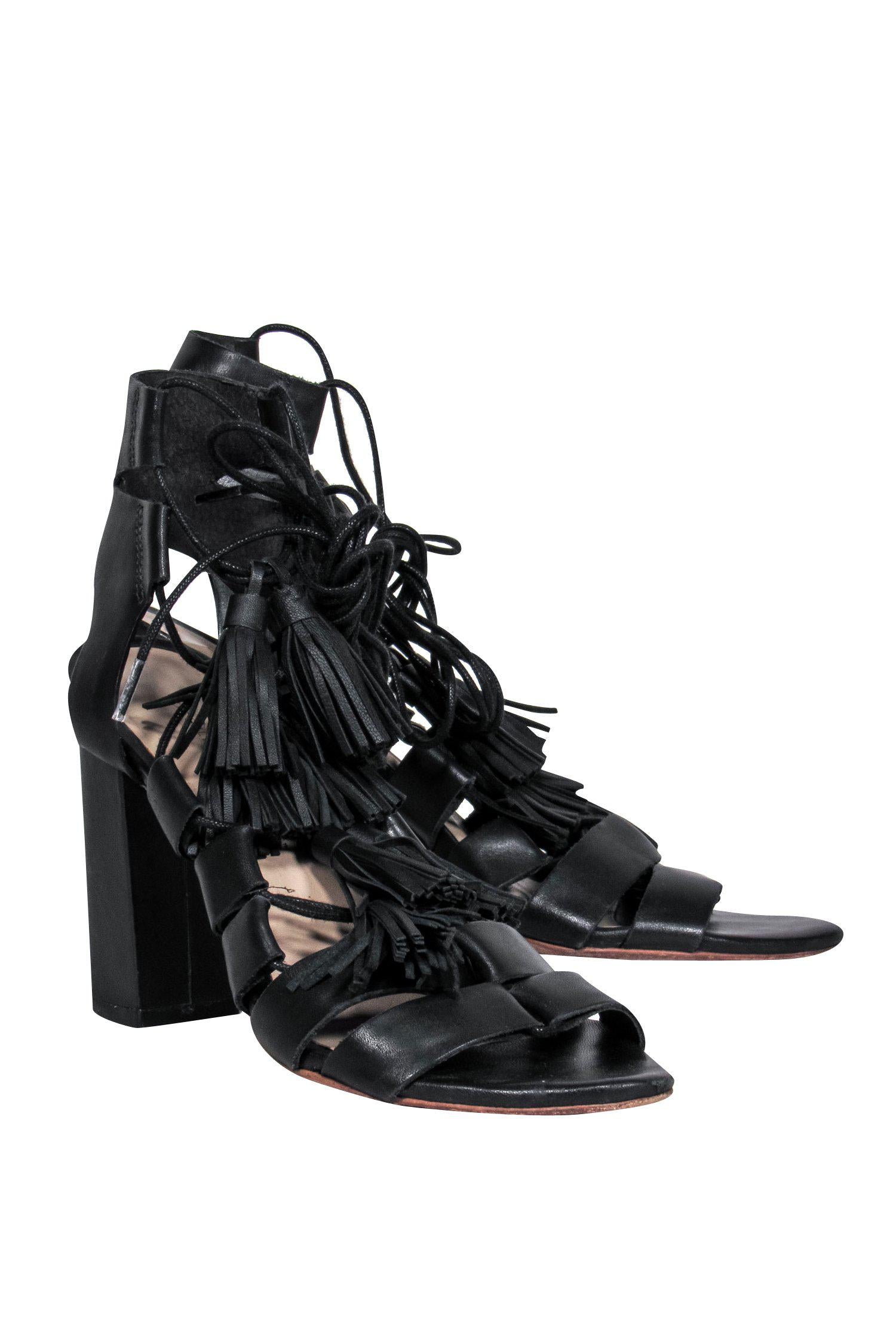 Loeffler Randall - Stunning Black Leather Strappy Lace - Up Tassel Pumps in Size 7