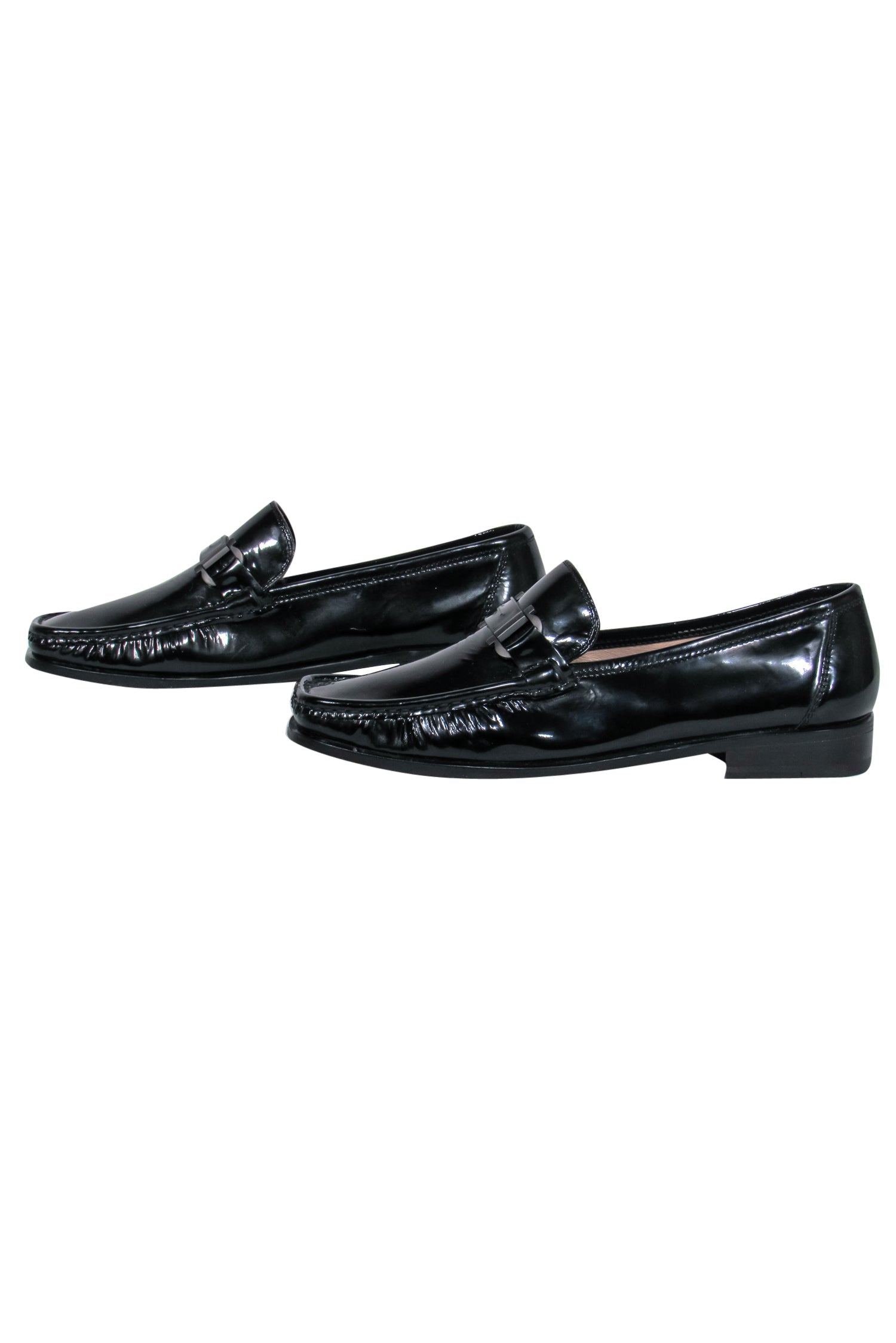 Ferragamo's Glamorous Black Patent Leather Square Toe Loafers with Buckles - Size 9