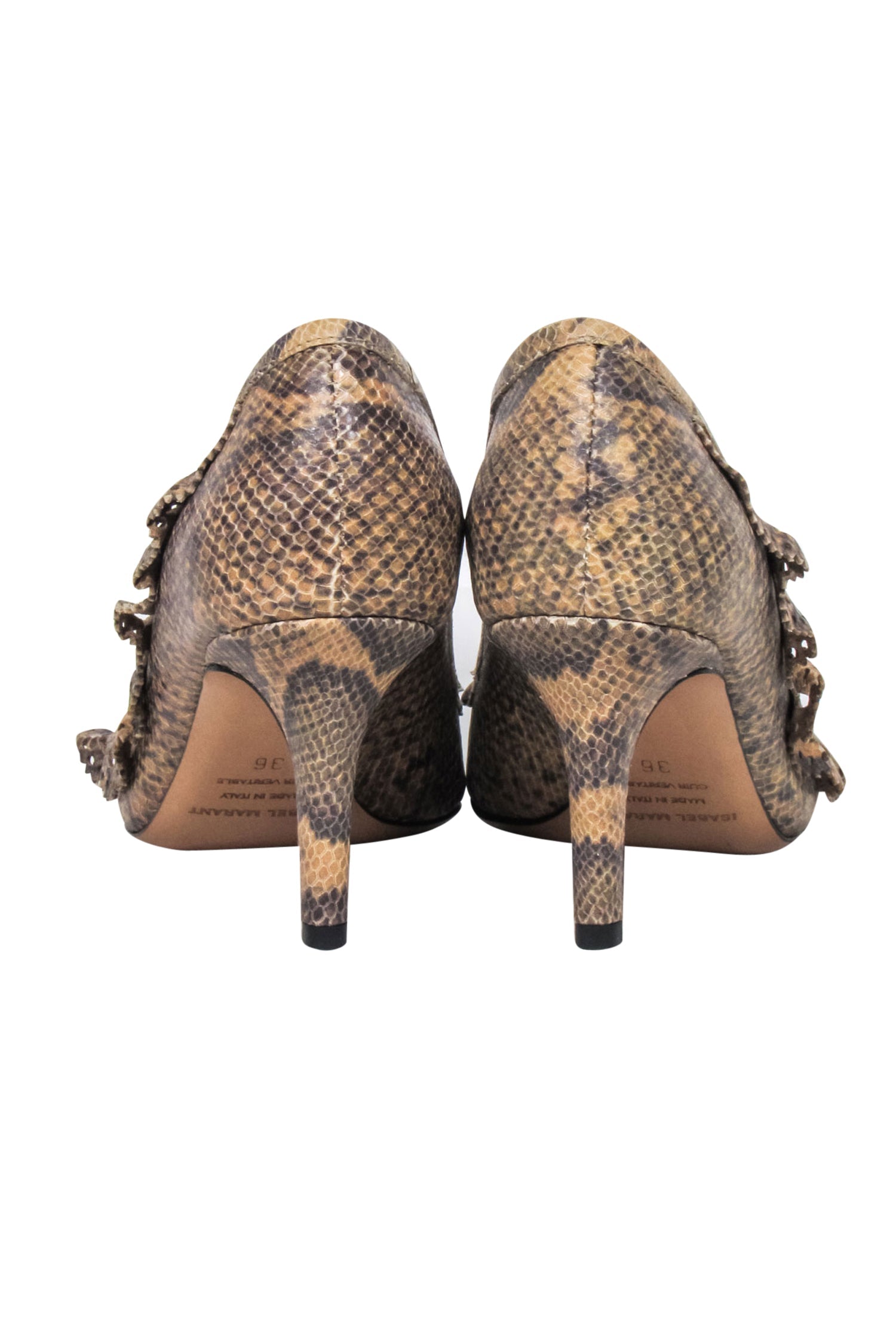 Isabel Marant - Tan & Brown Snakeskin-Embossed Leather Ruffle Pumps Size 6