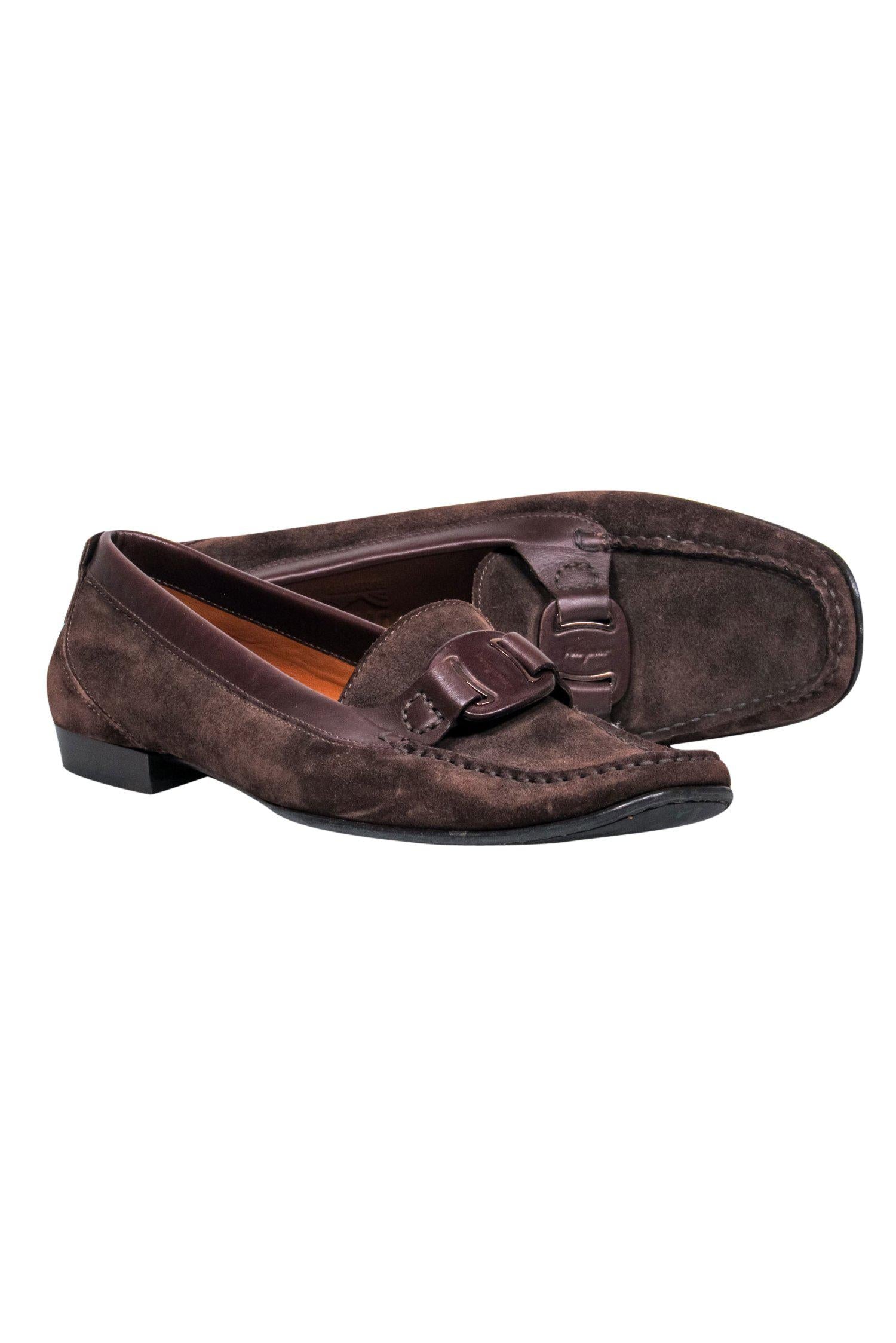 Ferragamo Brown Suede Loafers with Leather Strap - Size 9.5: A Timeless Office Essential