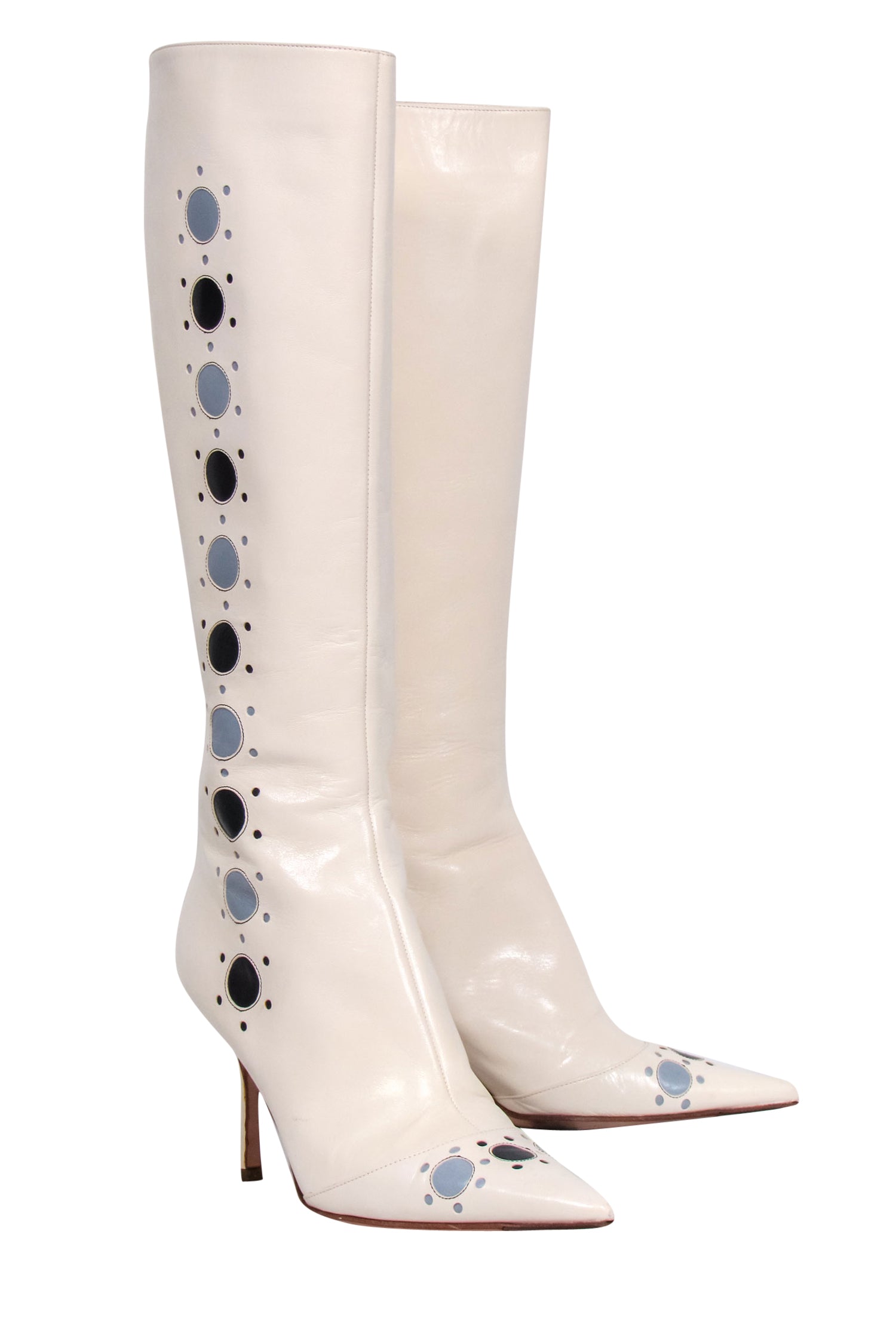 Jimmy Choo Ivory Pointed-Toe Stiletto Go-Go Boots with Blue Bubble Cutouts - Size 8