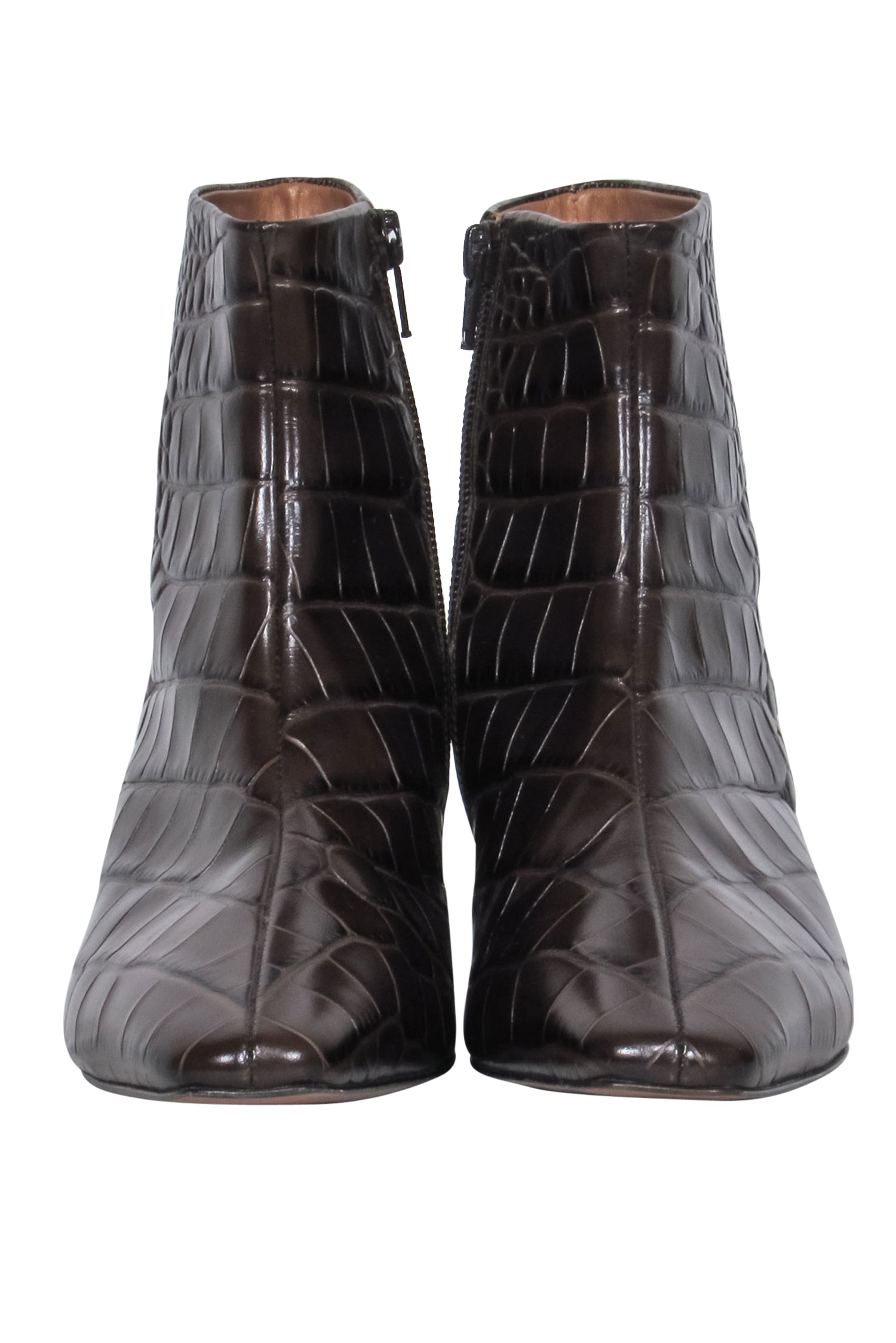 LOQ Brown Alligator-Embossed Leather Block Heel Ankle Booties - Size 9