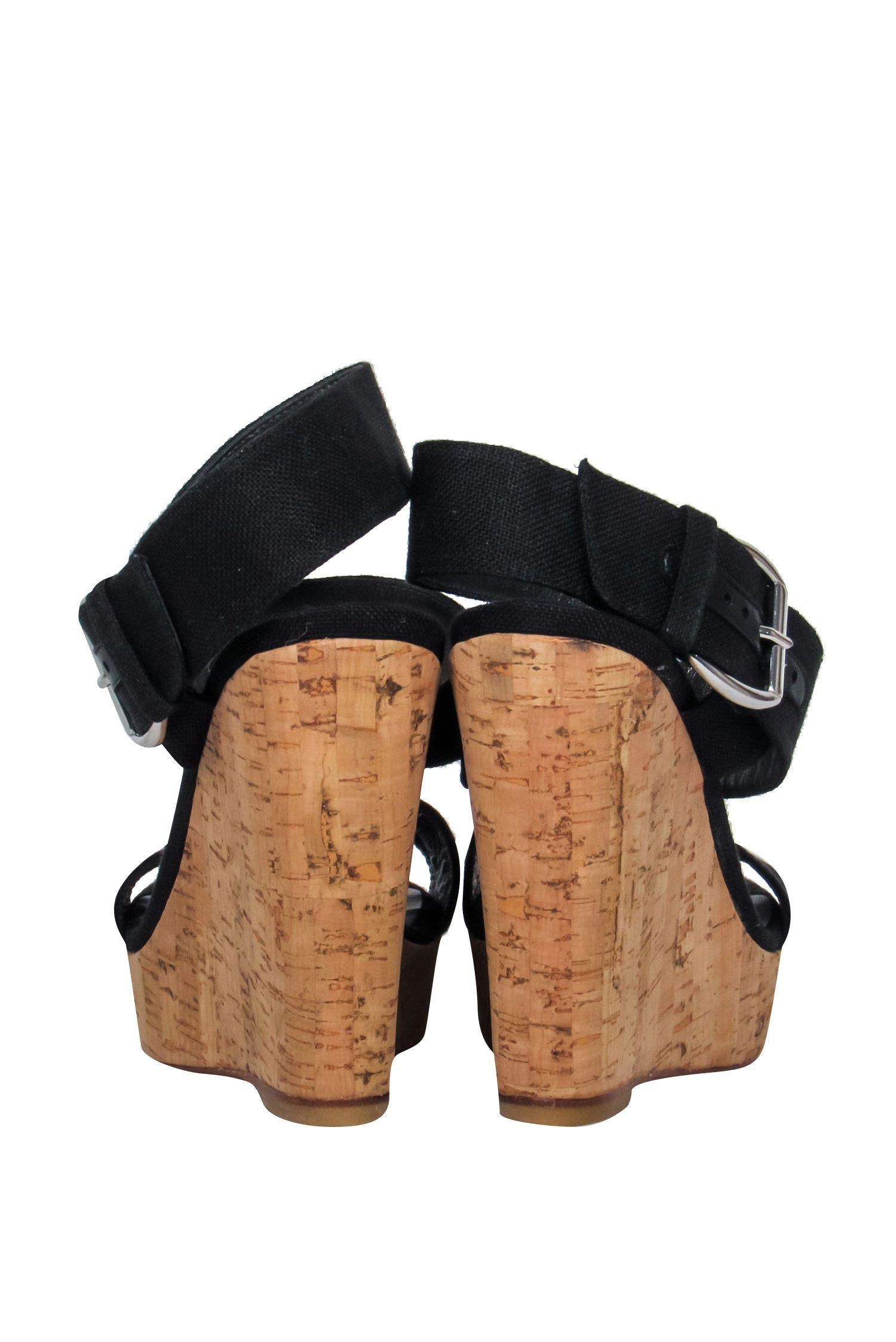 Stuart Weitzman's Chic Black Strappy Cork Platform Wedges - Size 7.5