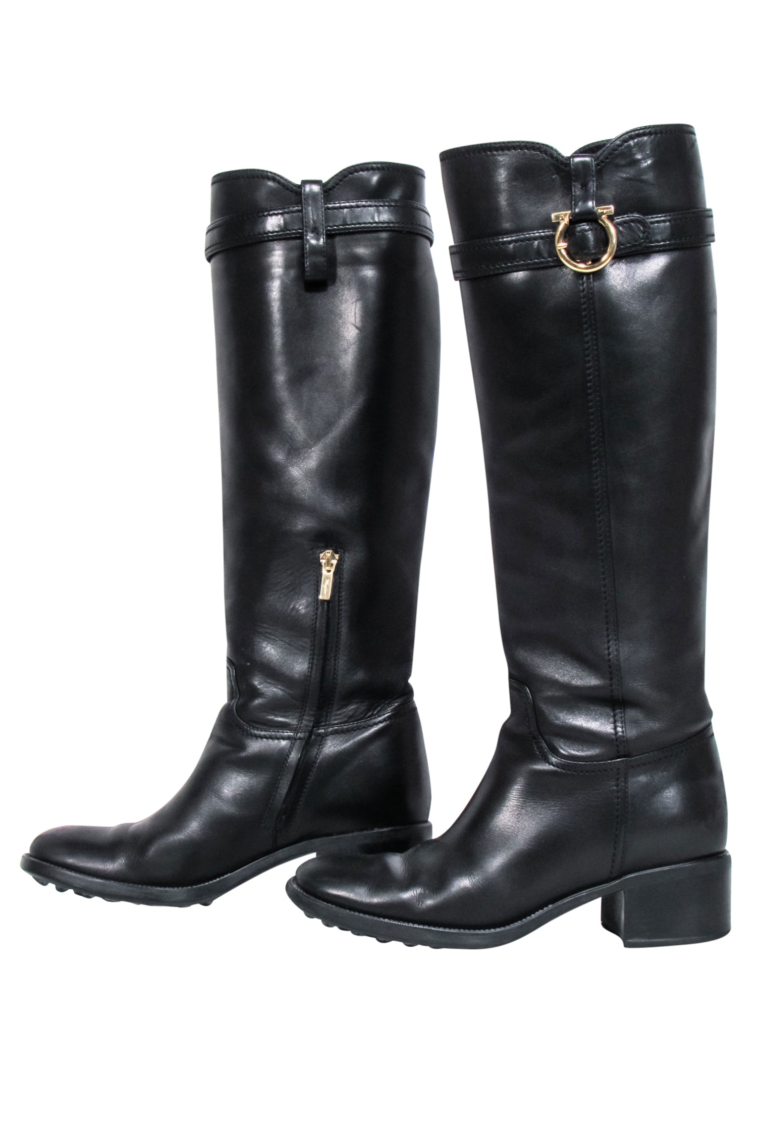 Ferragamo's Stunning Black Leather Riding Boots with Gancini Accent - Size 7.5