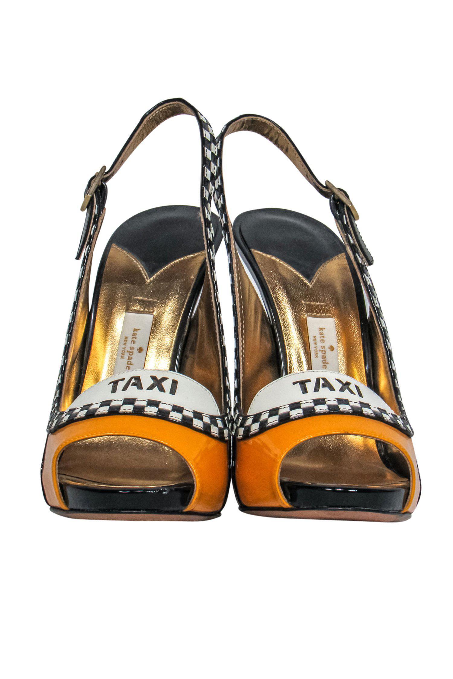 Kate Spade Yellow, Black & White Taxi-Style Peep Toe Pumps - Size 9.5 - Stand Out in Style!