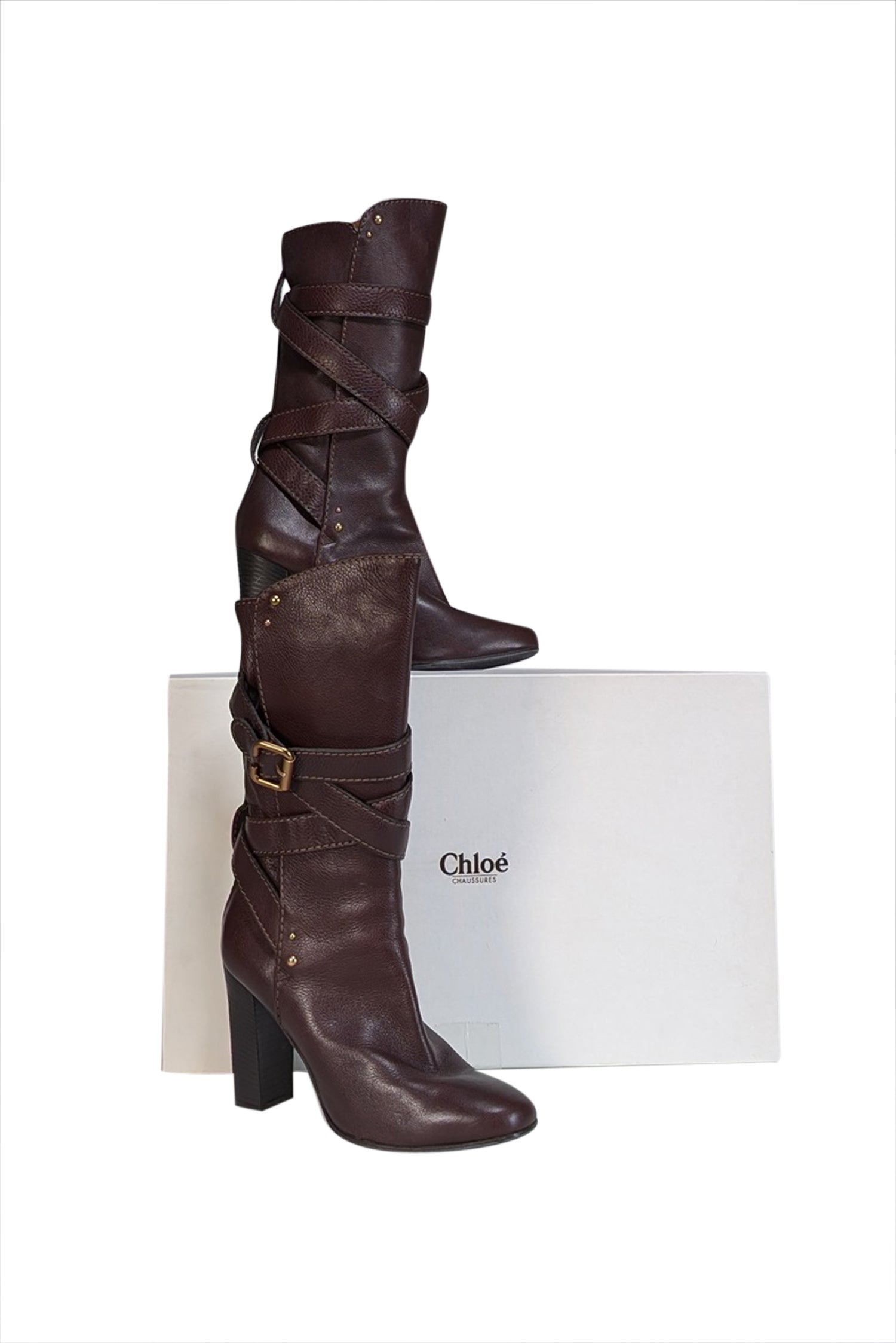 Chloe's Stunning Brown Leather Wrap - Around Buckle Tall Boots, Size 10.5