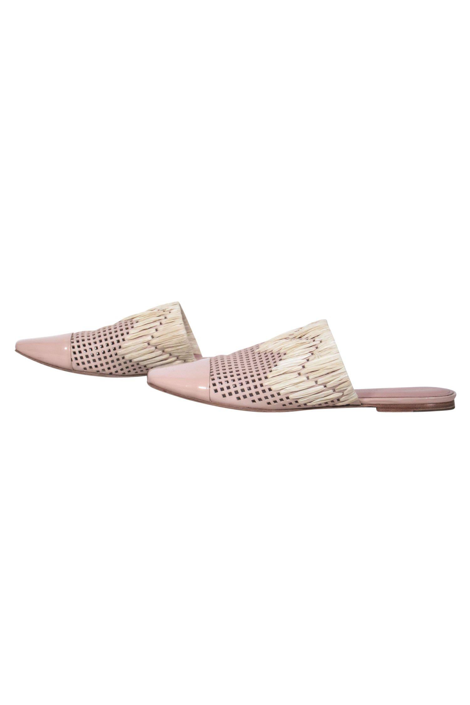 Sigerson Morrison Light Pink Patent Leather Perforated Mules with Straw Woven Trim - Size 9
