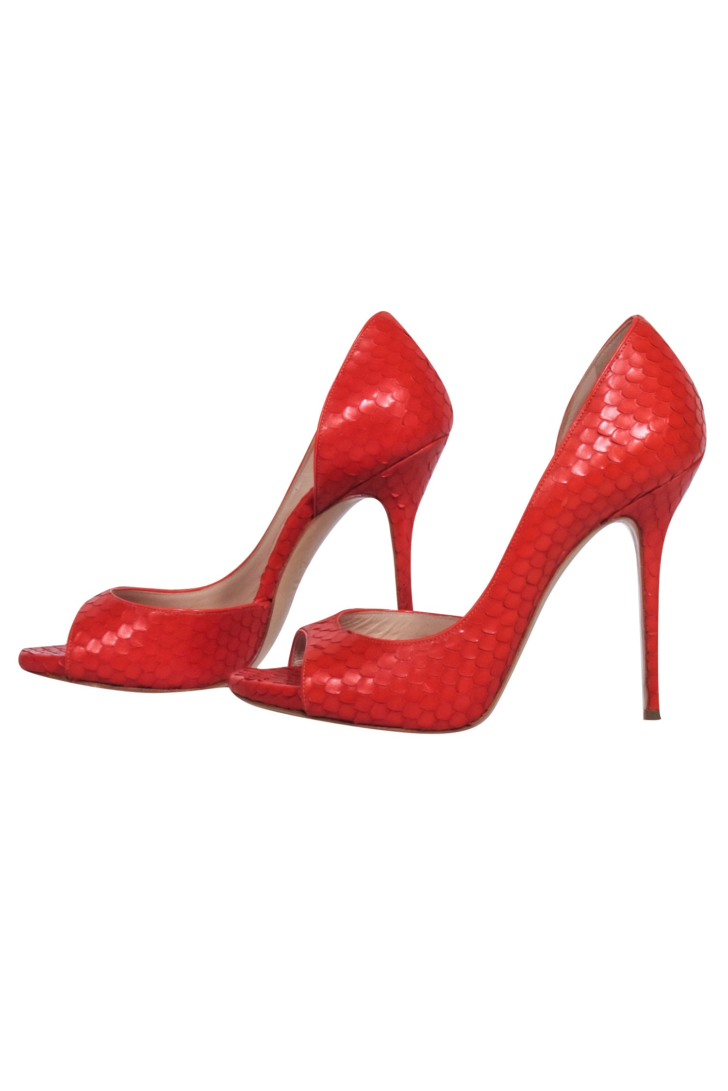 Casadei Orange Snakeskin Textured Open Toe Pumps - Size 6: A Bold Fashion Statement!