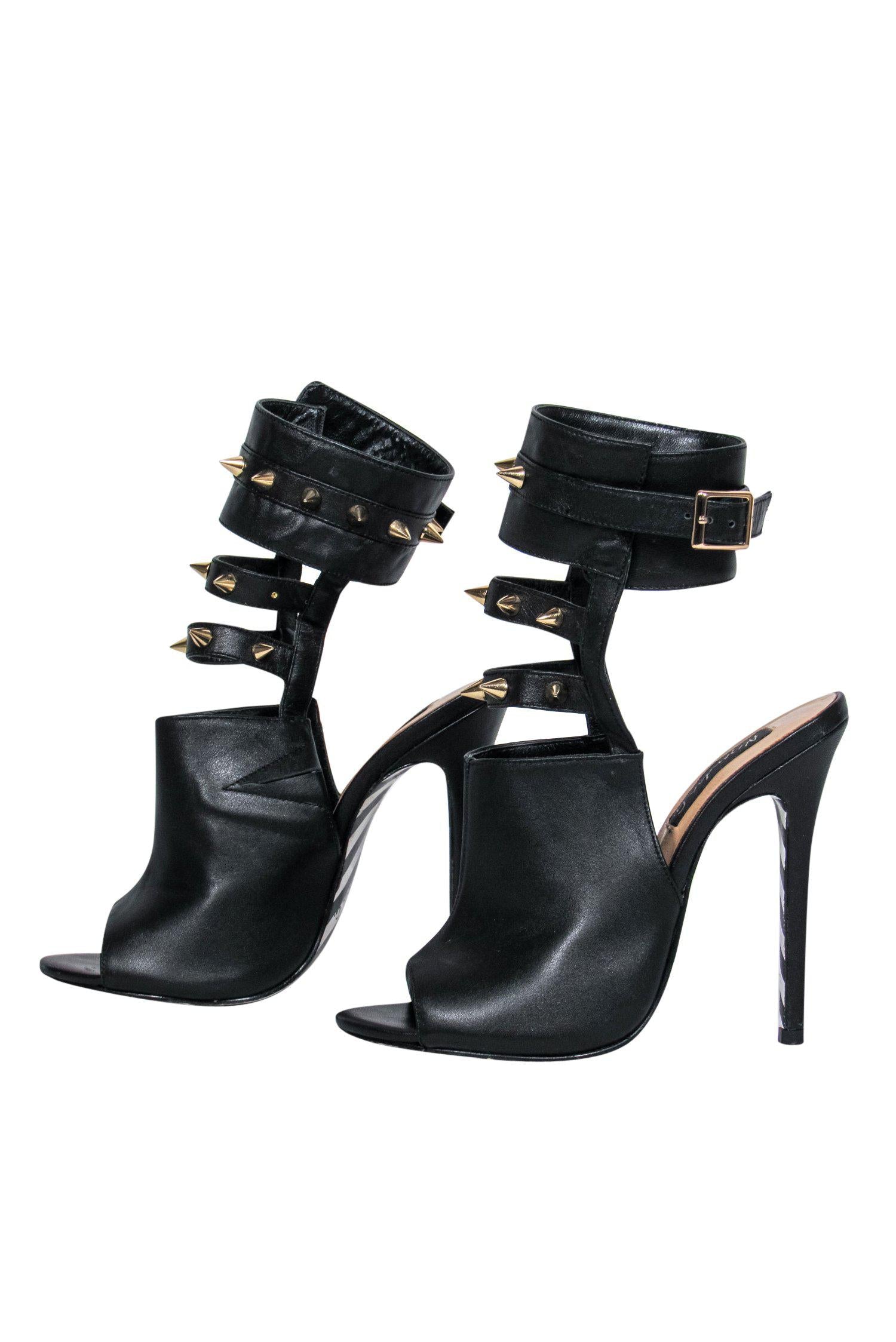 Alejandra G. Black Caged Peep - Toe Stilettos with Gold Studs, Size 6