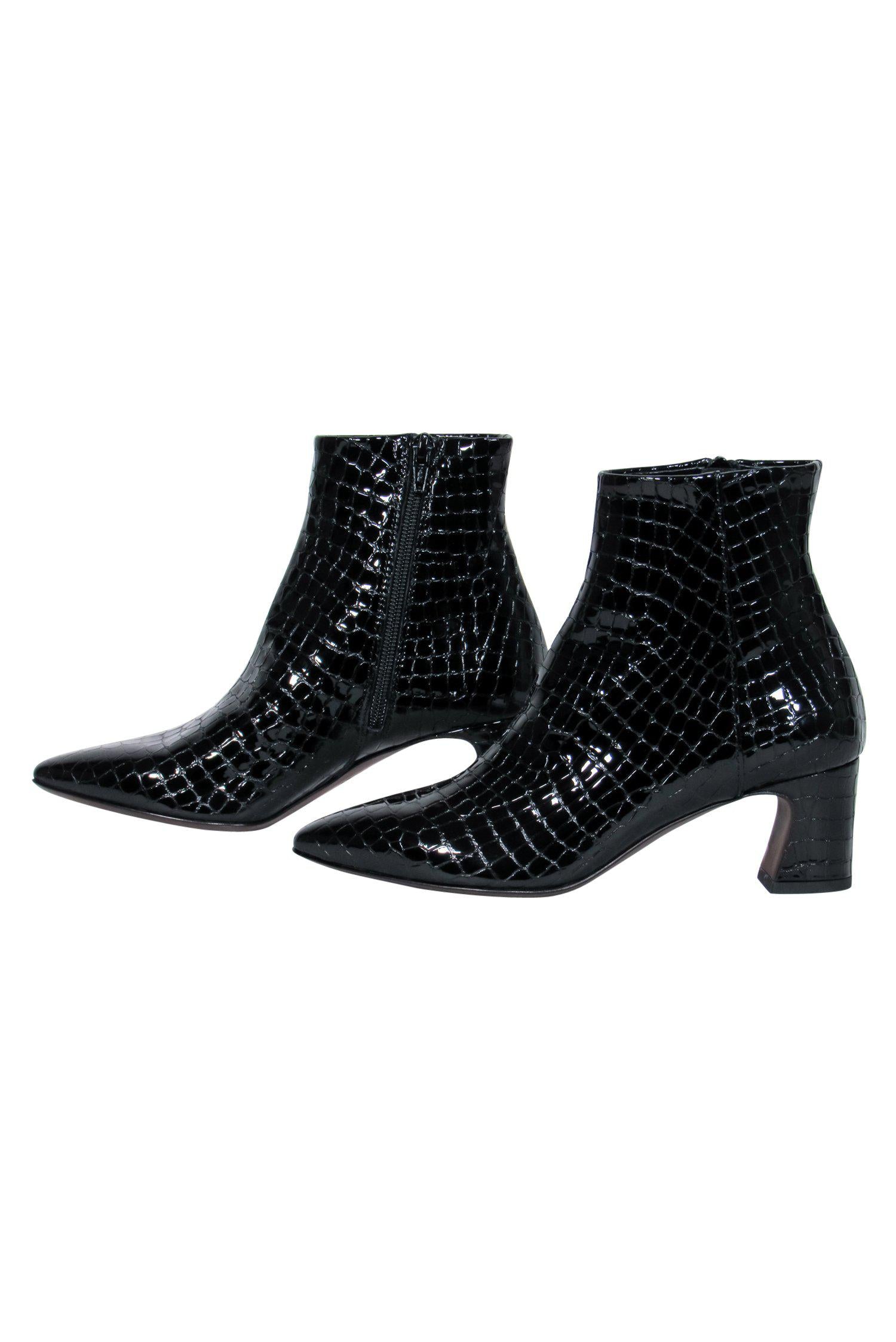 AGL Black Patent Leather Reptile-Embossed Heeled Booties - Size 6