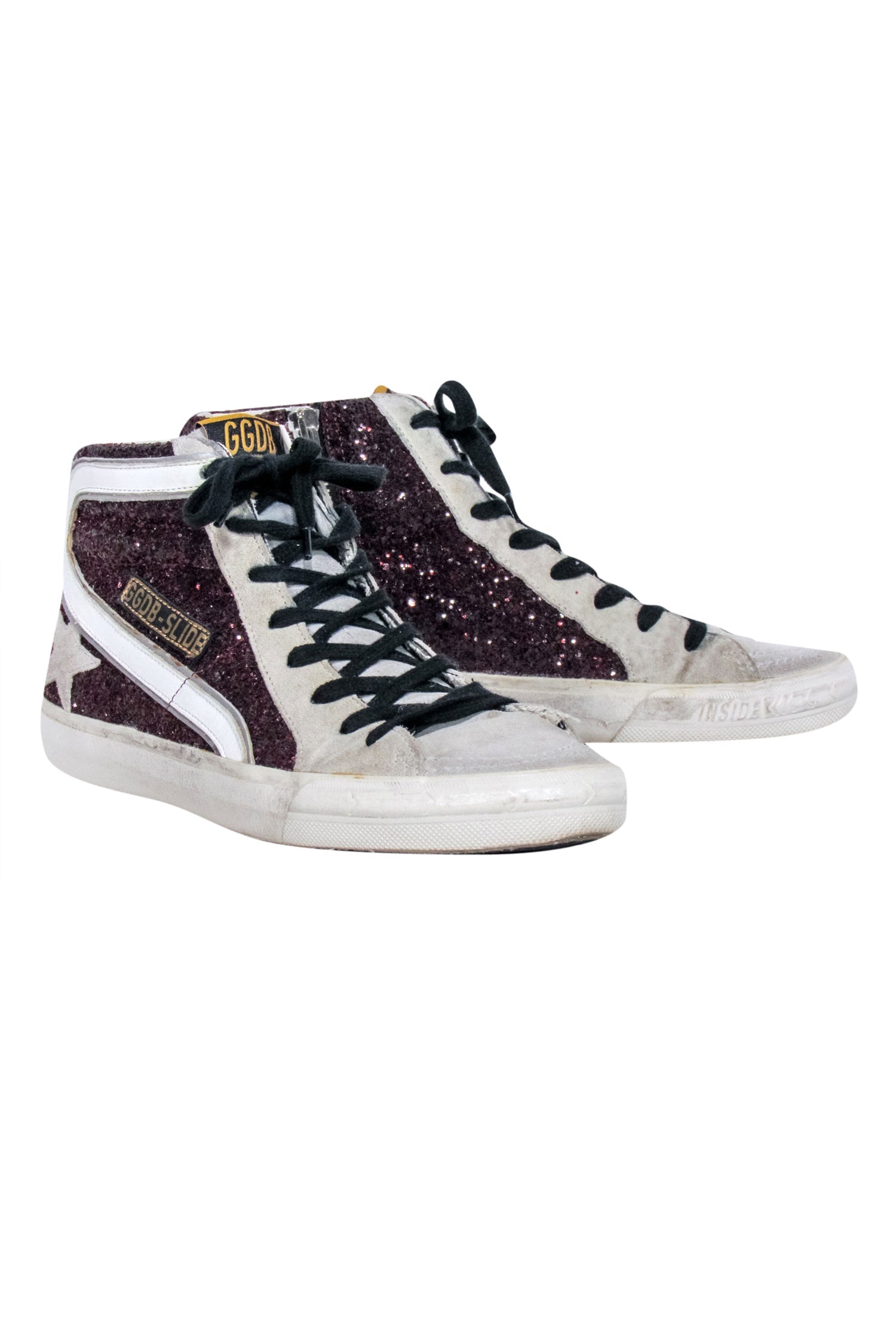 Golden Goose - Stunning Maroon Glitter & Grey Suede Slide Sneakers, Size 8