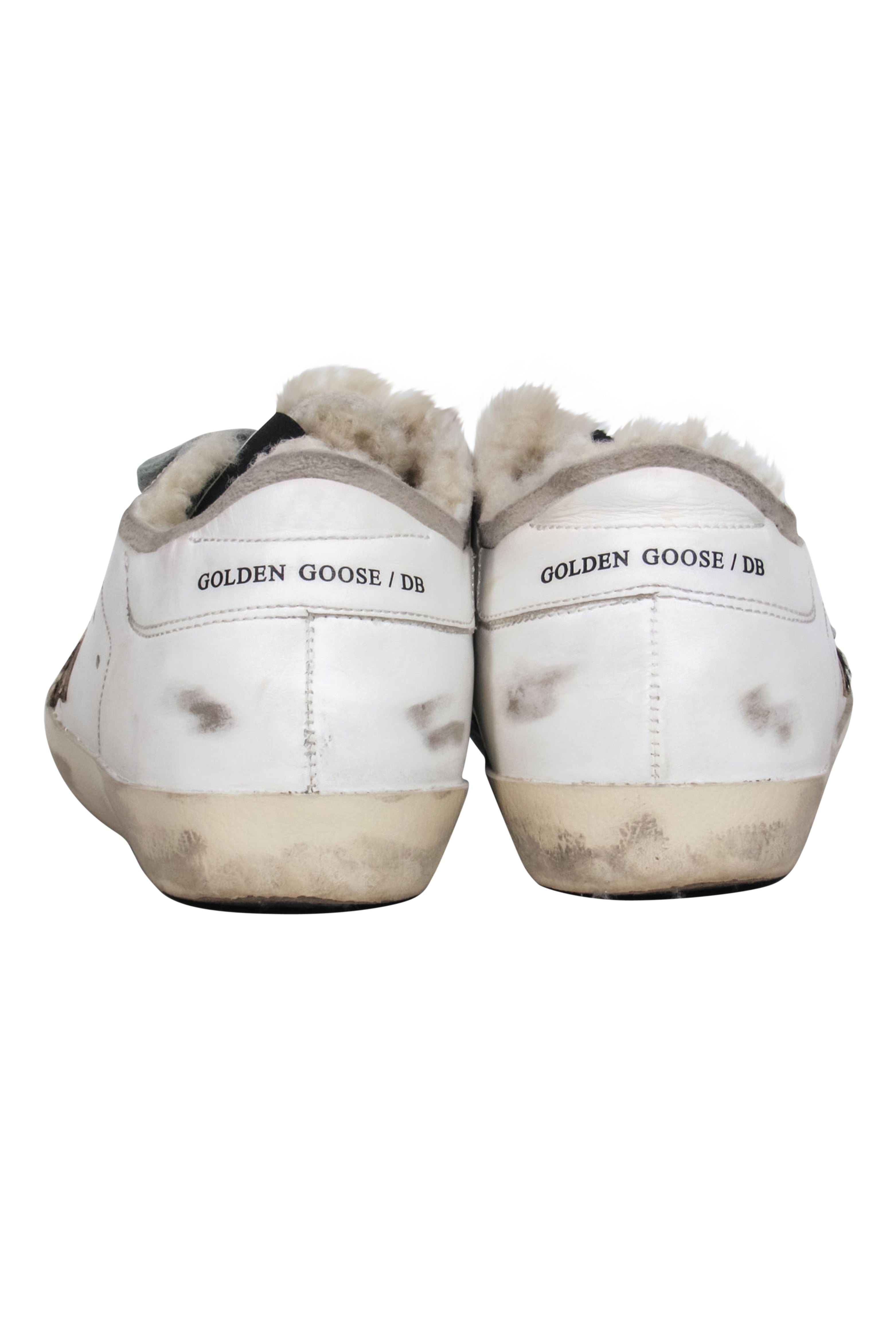 Golden Goose White Superstar Sherpa-Lined Lace-Up Sneakers with Leopard Star - Size 7