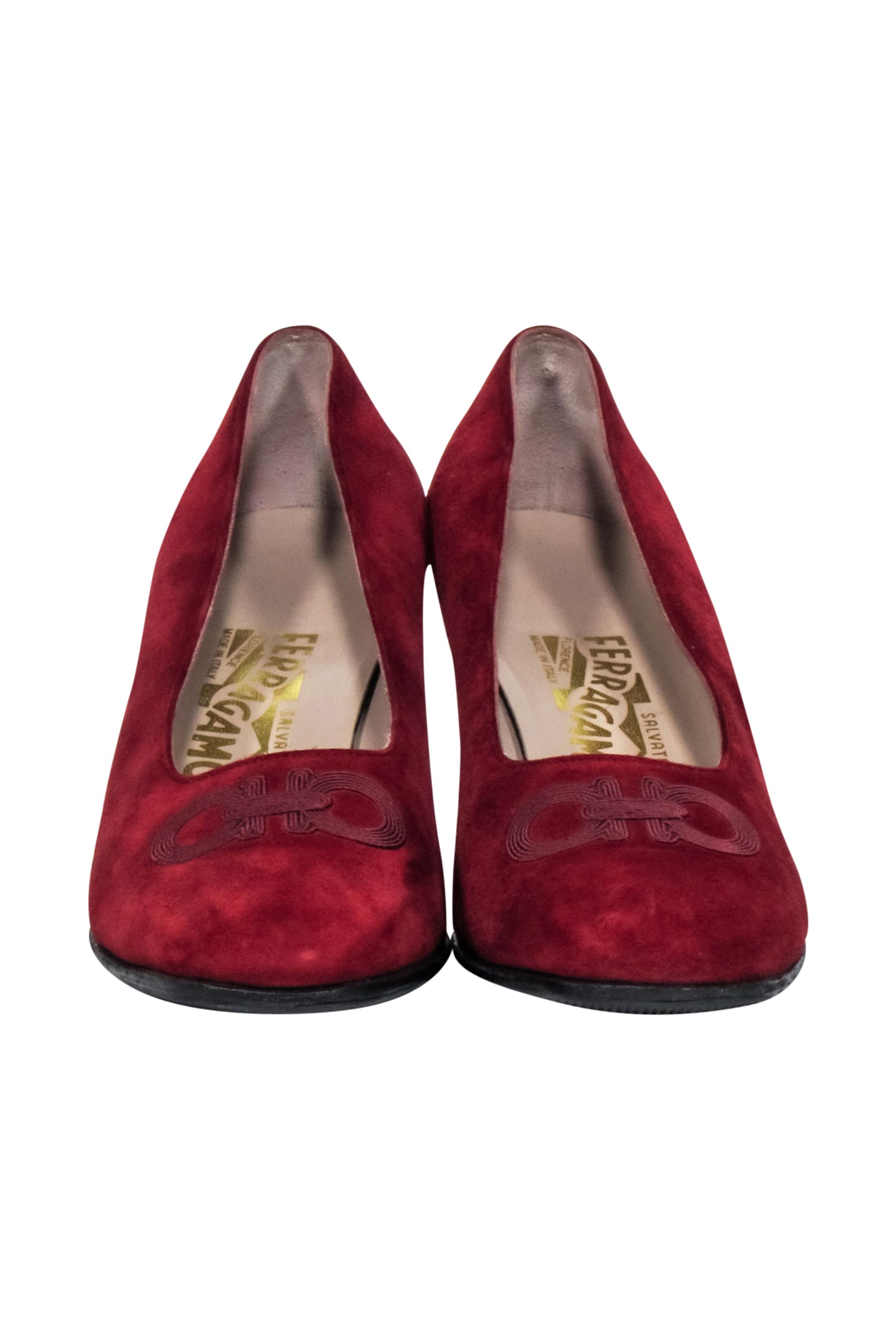 Ferragamo Red Calf Suede Pumps with Logo Stitching - Size 9.0