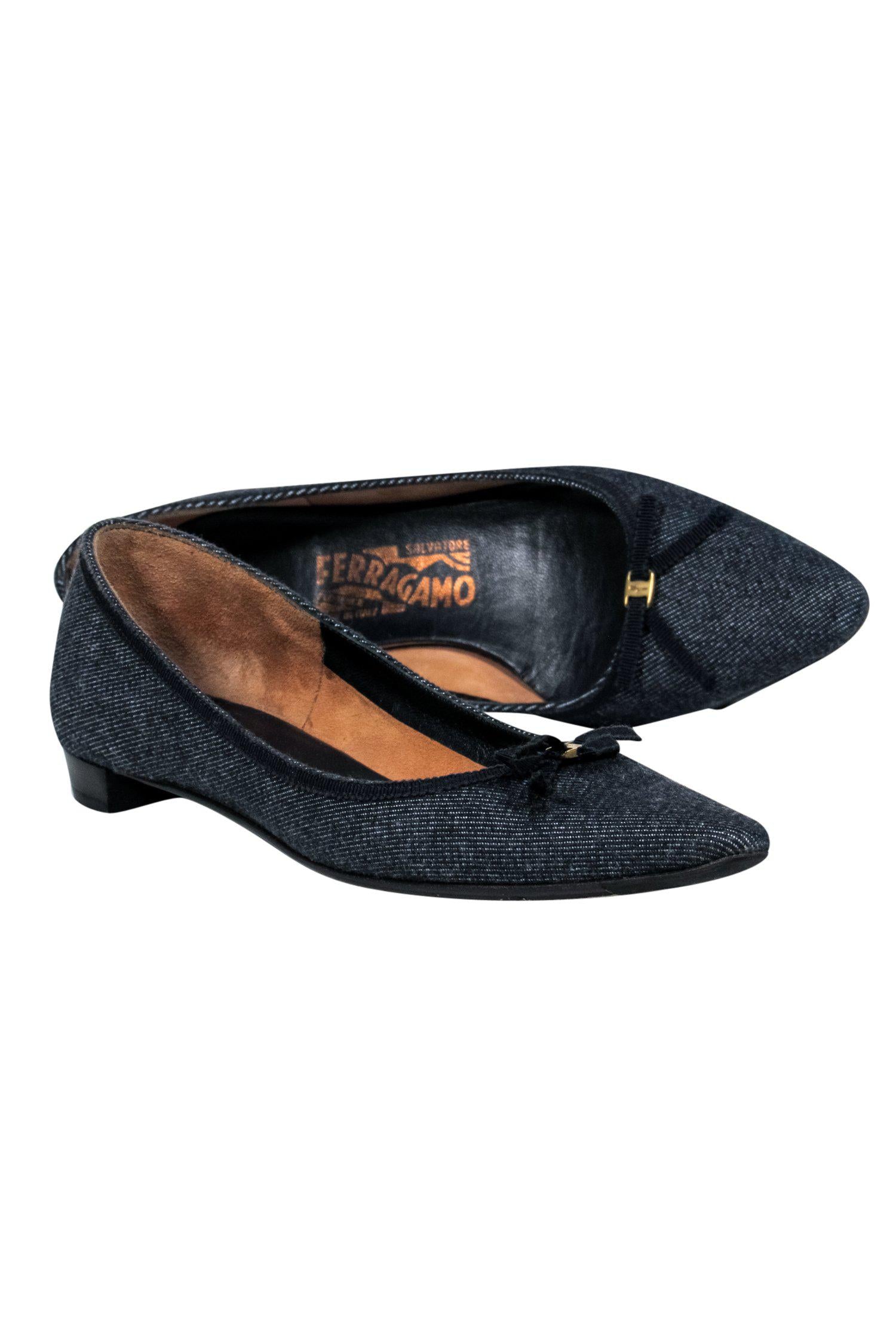 Ferragamo Chambray Bow-Pointed Toe Flats - Size 6