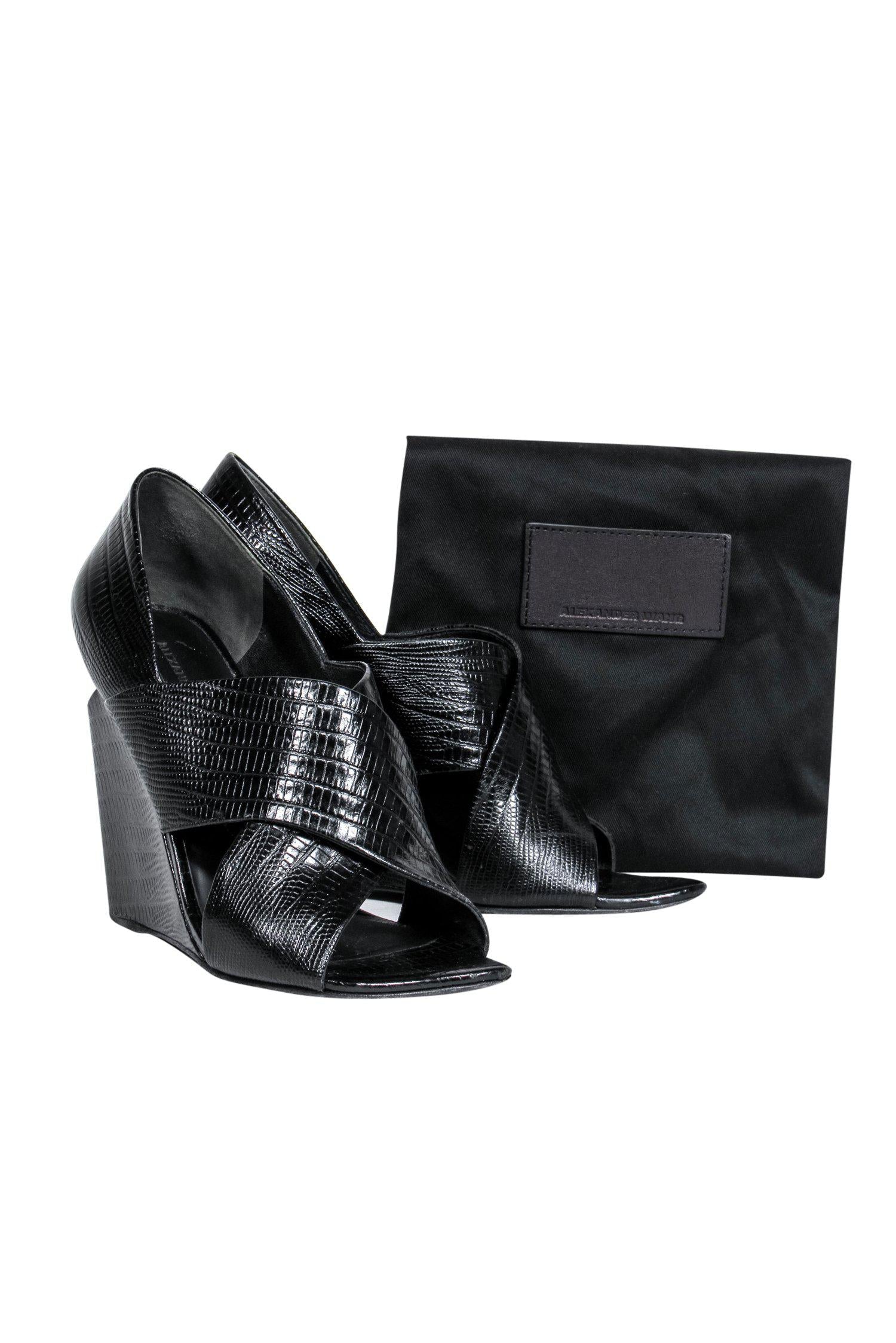 Alexander Wang Black Reptile-Embossed Wedges with Heel Cutout - Size 6.5