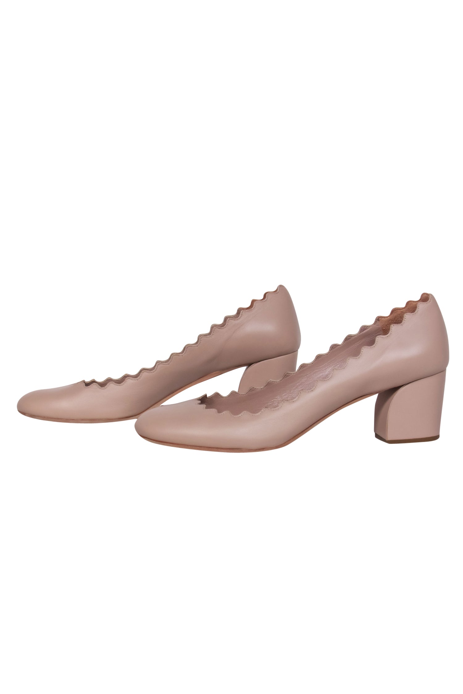 Chloe Beige Leather Scalloped Block Heel Pumps - Size 10: Chic & Irresistible!