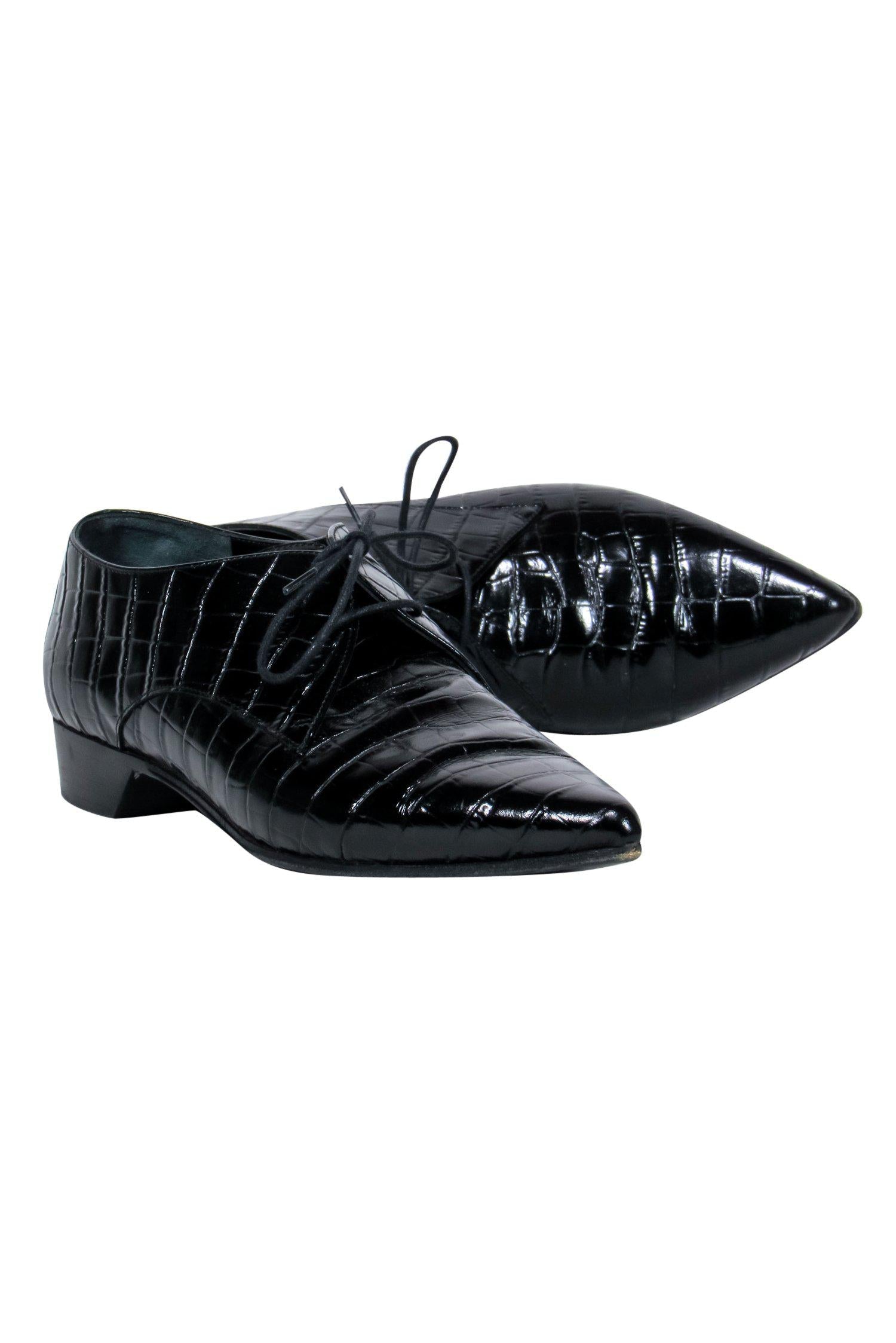 Alumnae Black Crocodile Embossed Patent Leather Pointed Toe Heel Loafers - Size 8.5