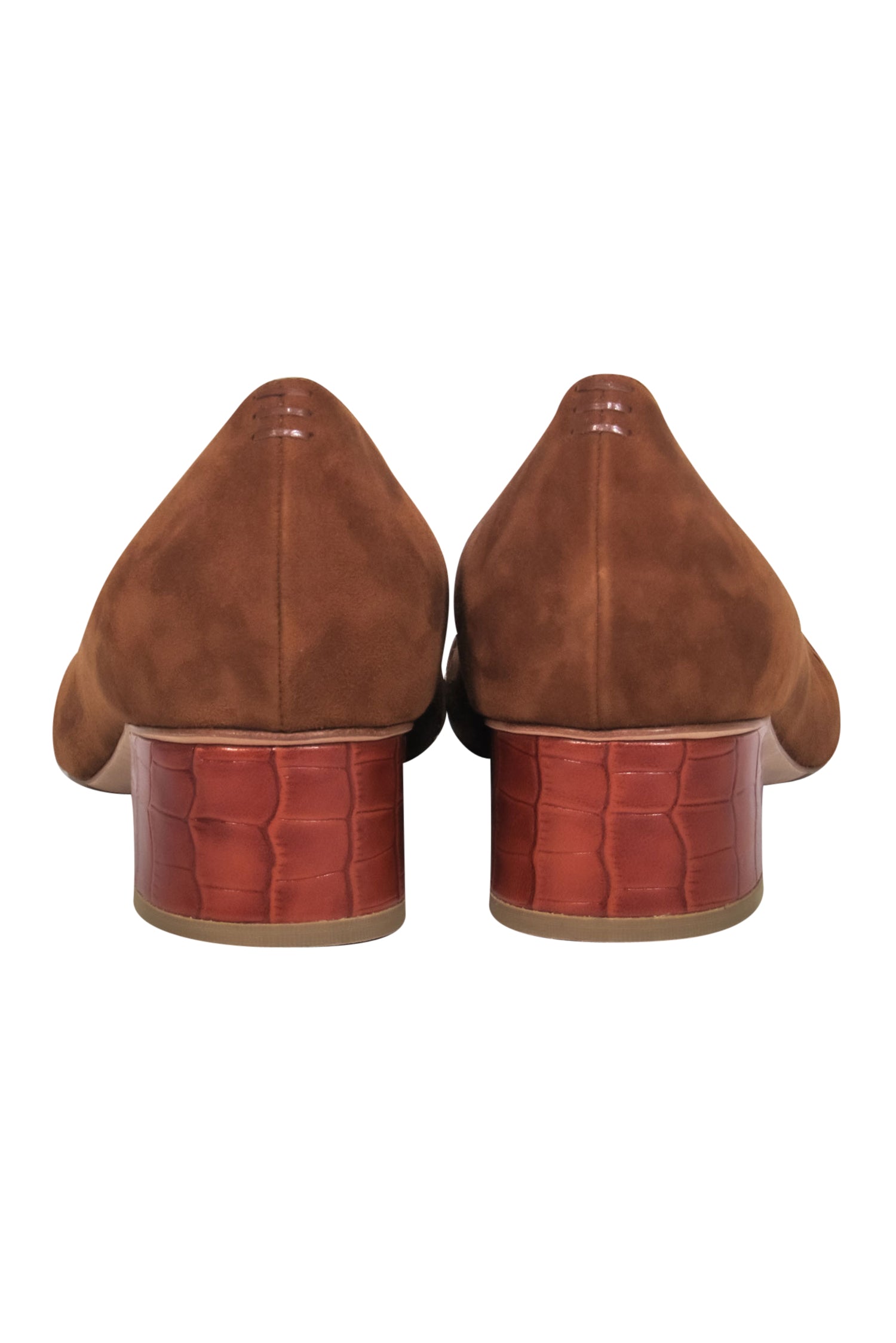 Sarah Flint Brown Suede Block Heel Pumps - Laser Cut & Crocodile Trim, Size 10