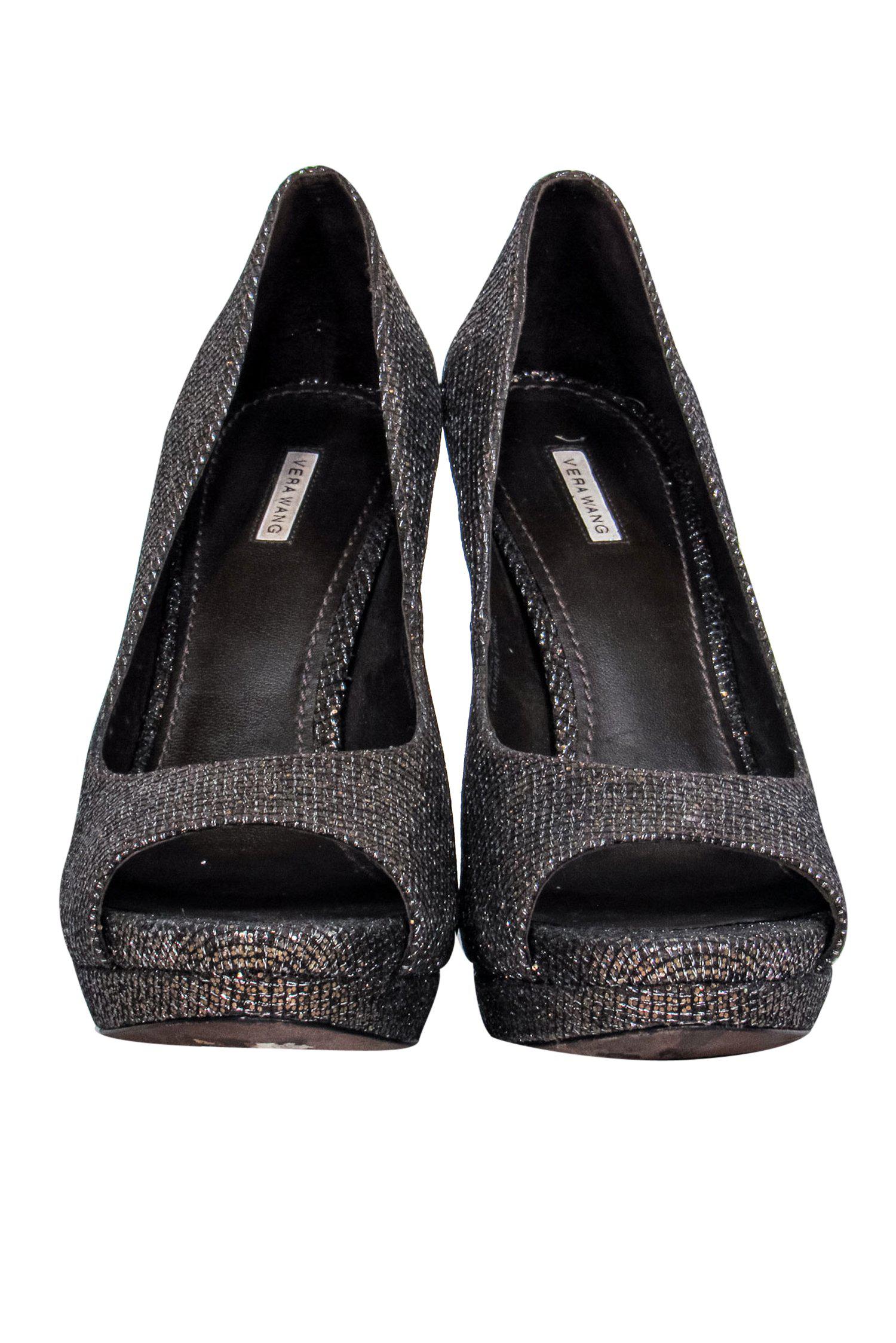 Vera Wang Deep Bronze Glitter Peep - Toe Platform Pumps in Size 9: Sparkle in Style!