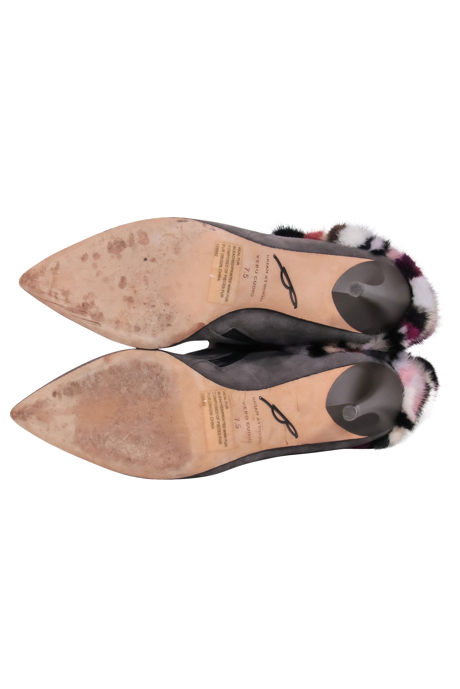 Brian Atwood Grey Suede Pointed Toe Boots with Multicolored Fur - Size 7.5 - A Fashion Statement!