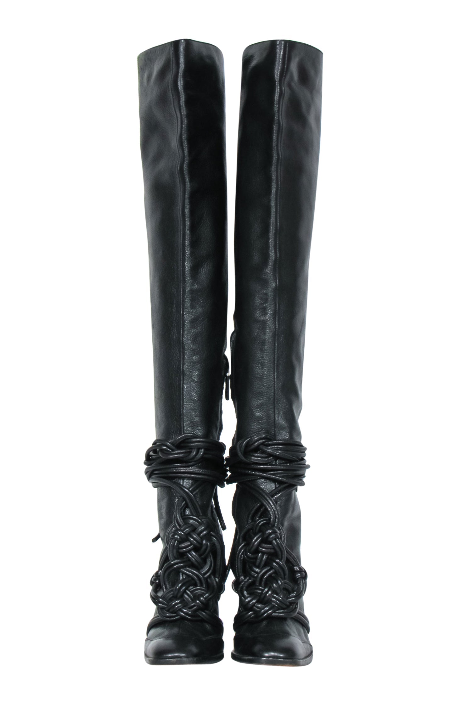 Yves Saint Laurent - Stunning Black Leather Thigh High Boots with Braided Lace-Up Design, Size 10