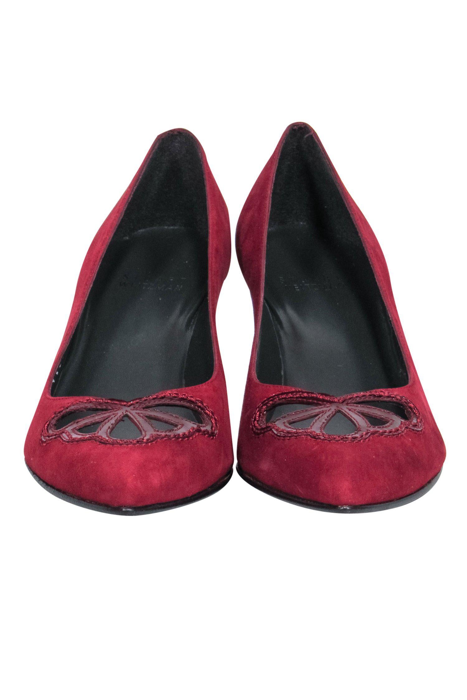 Stunning Stuart Weitzman Red Suede Pointed-Toe Kitten Heels with Cutouts - Size 6