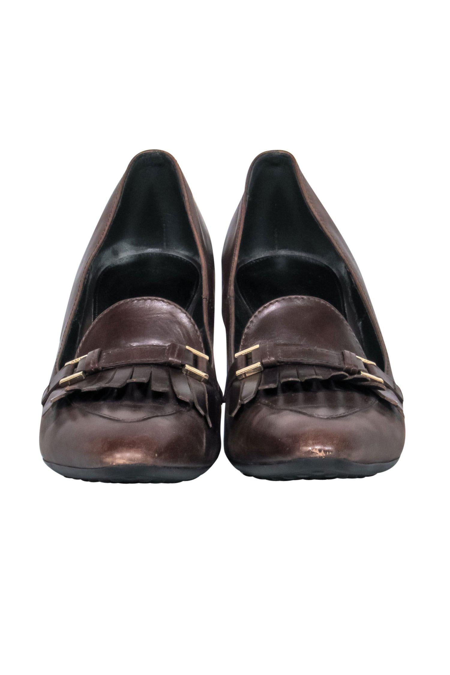 Tod's Brown Leather Fringe Stacked Loafer Heels - Size 8