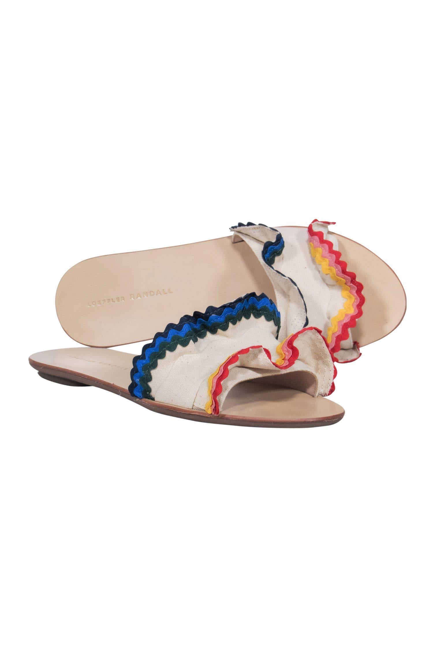 Loeffler Randall's Fiesta Beige Ruffle Slide Sandals with Multicolored Embroidery - Size 9.5