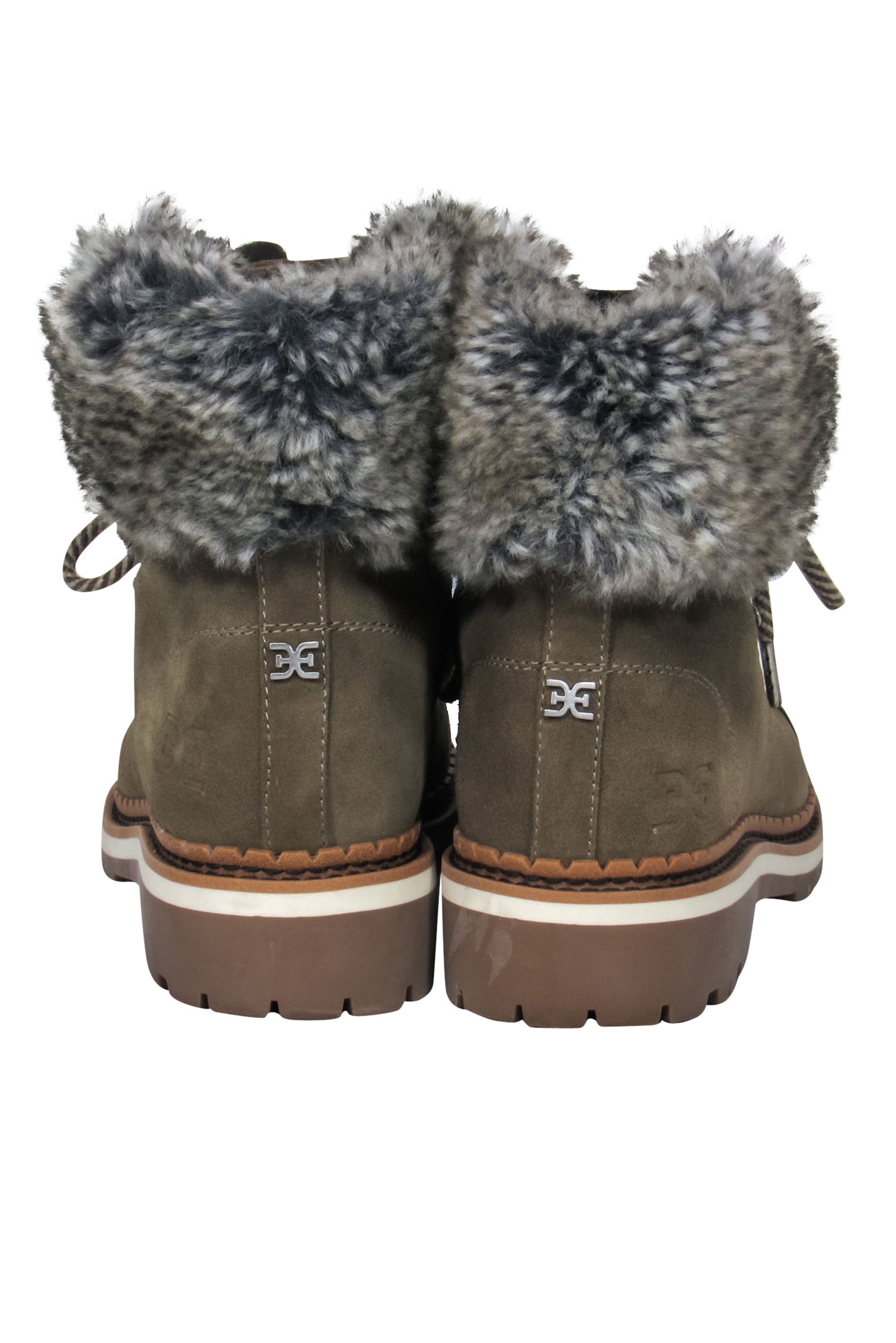 Sam Edelman Light Olive Suede Lace-Up Booties with Faux Fur Trim - Size 7