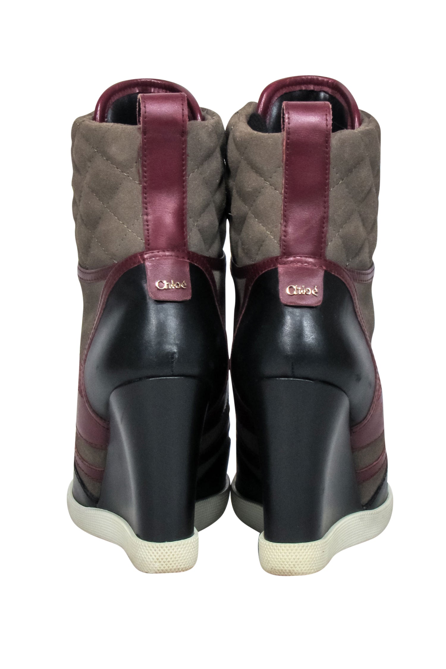 Chloe - Stunning Green, Maroon & Black Leather & Quilted Suede Wedge Sneakers Size 8.5