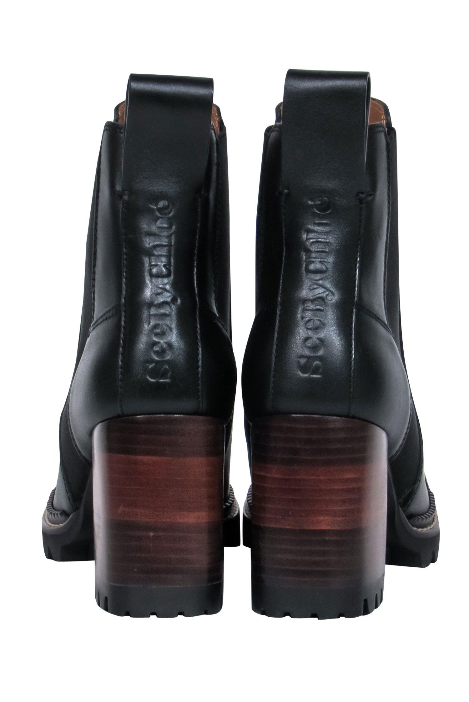 See by Chloe Black Lug Sole Block Heeled Booties - Size 7.5: Trendy Must-Haves!