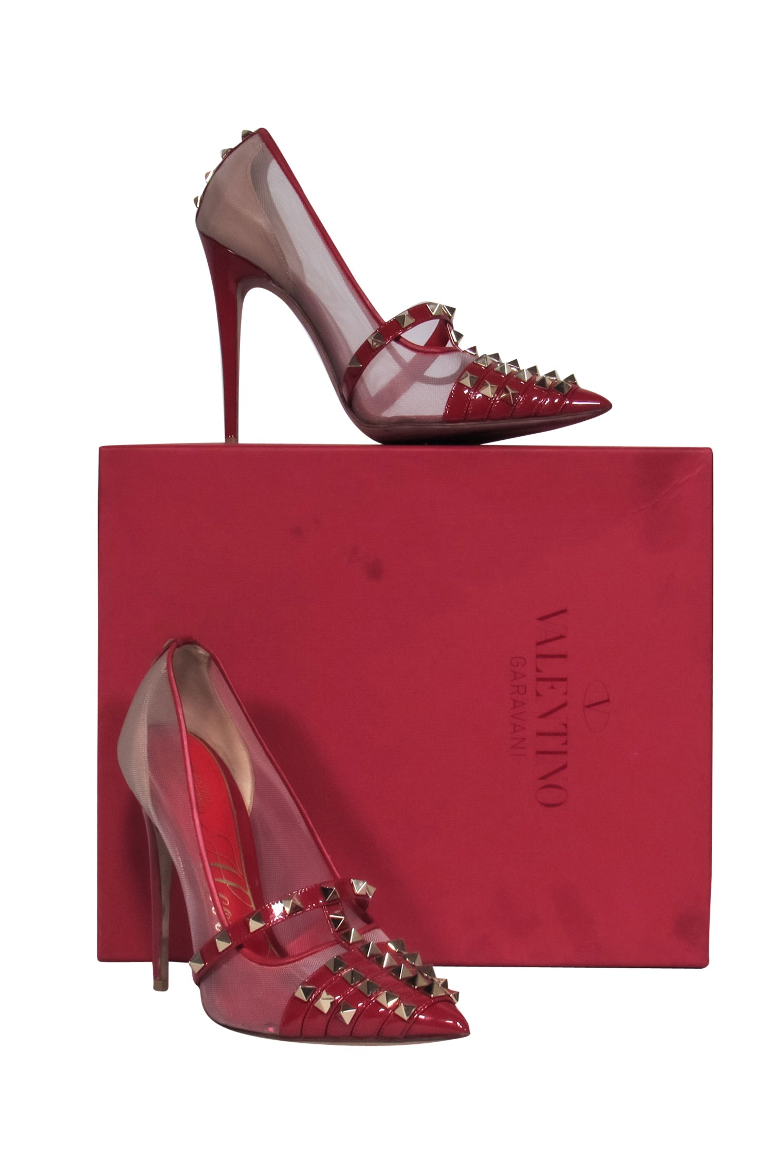 Valentino Red Patent & Mesh Studded Caged Pointed Toe Rockstud Pumps - Size 7.5
