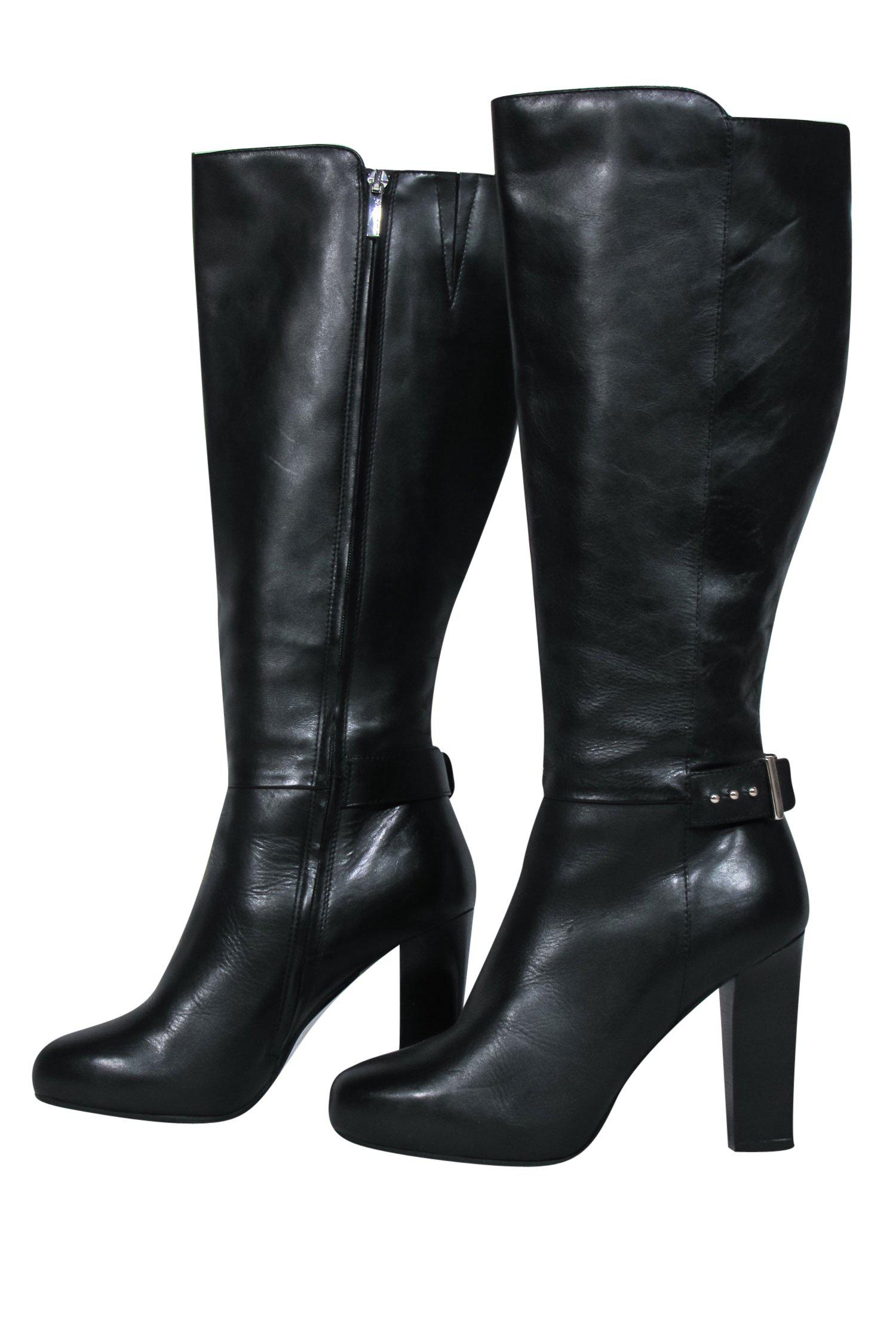 Karen Millen's Stunning Black Leather Knee - High Heeled Boots with Buckle, Size 7
