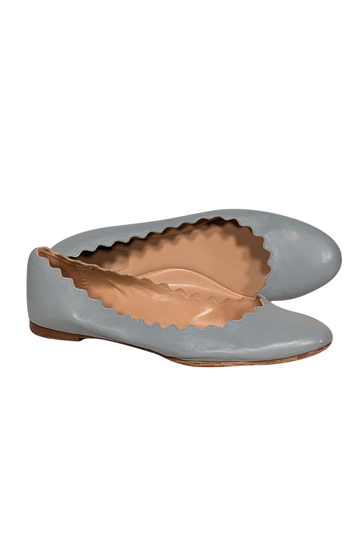 Chloe - Elegant Blue Leather Scallop Edge Flats in Size 10
