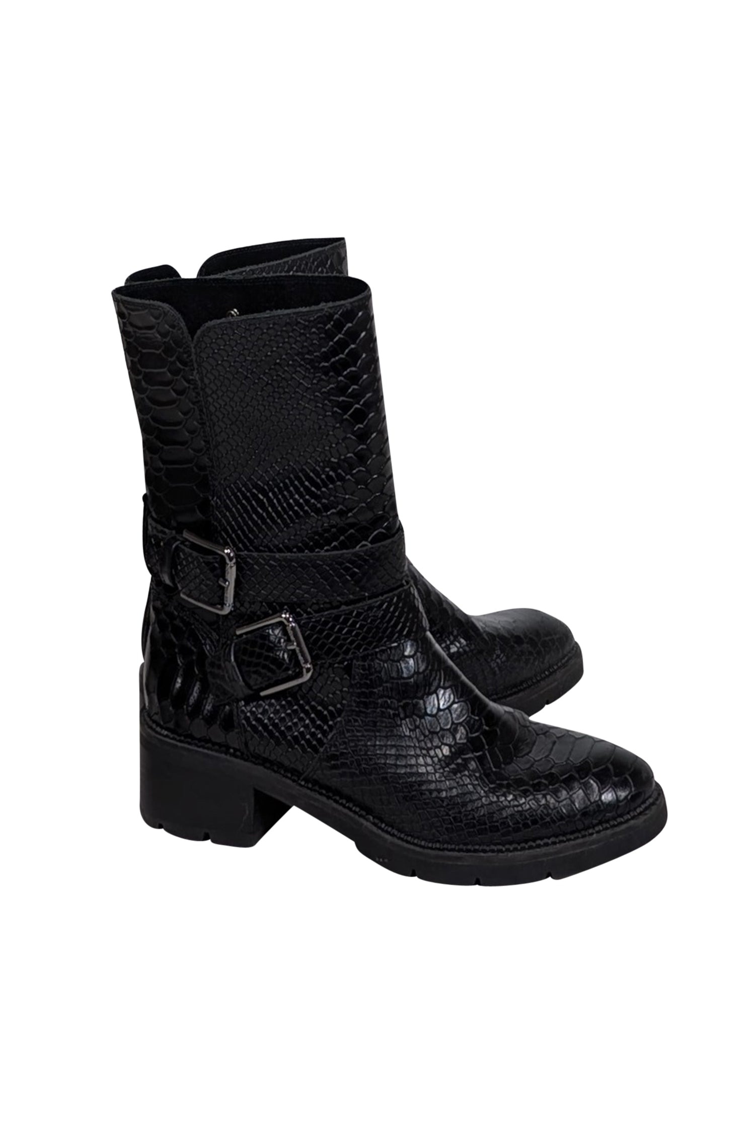 Donald J Pliner Black Croc-Embossed Leather Combat Boots - Size 9.5
