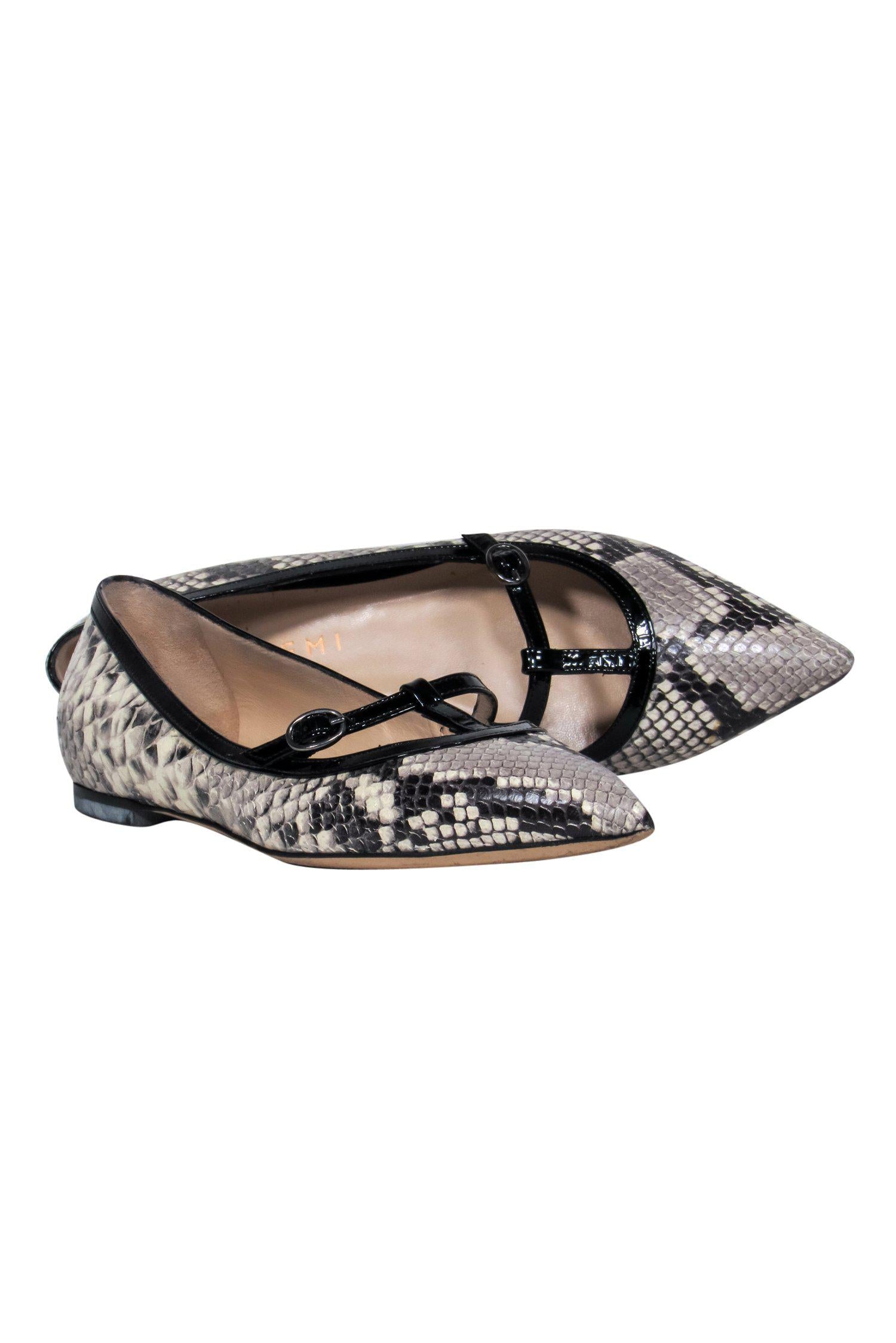 M. Gemi Gray Snakeskin & Patent Leather T-Strap Pointed Toe Flats - Size 7: Chic & Playful!