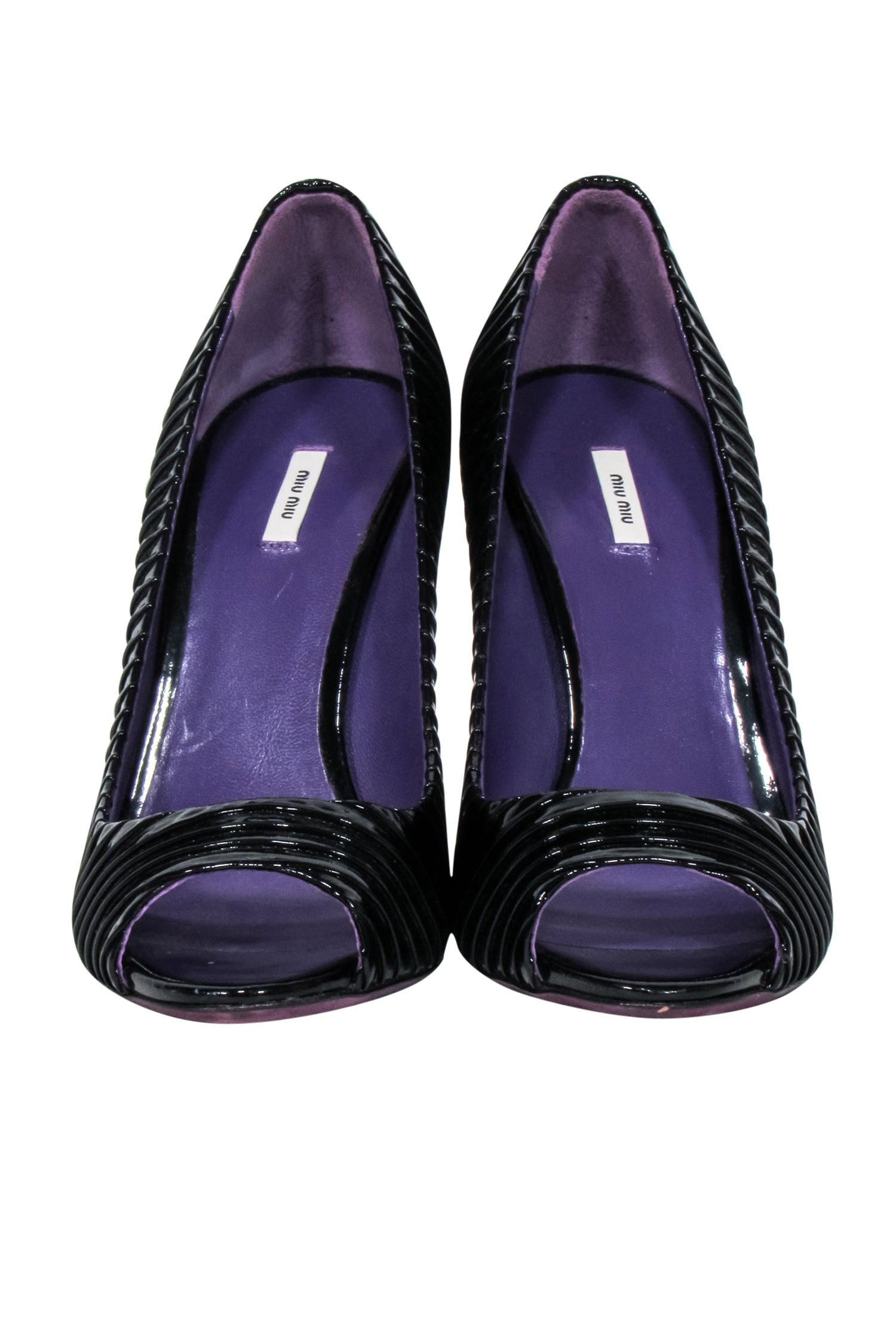 Miu Miu Black Pleated Patent Leather Heels with Rhinestone Embellished Gold Heel - Size 8.5
