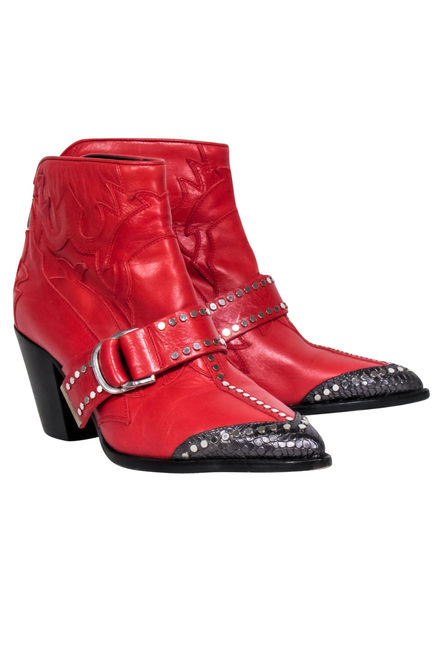 Zadig & Voltaire Red and Black Western Leather Booties - Size 9