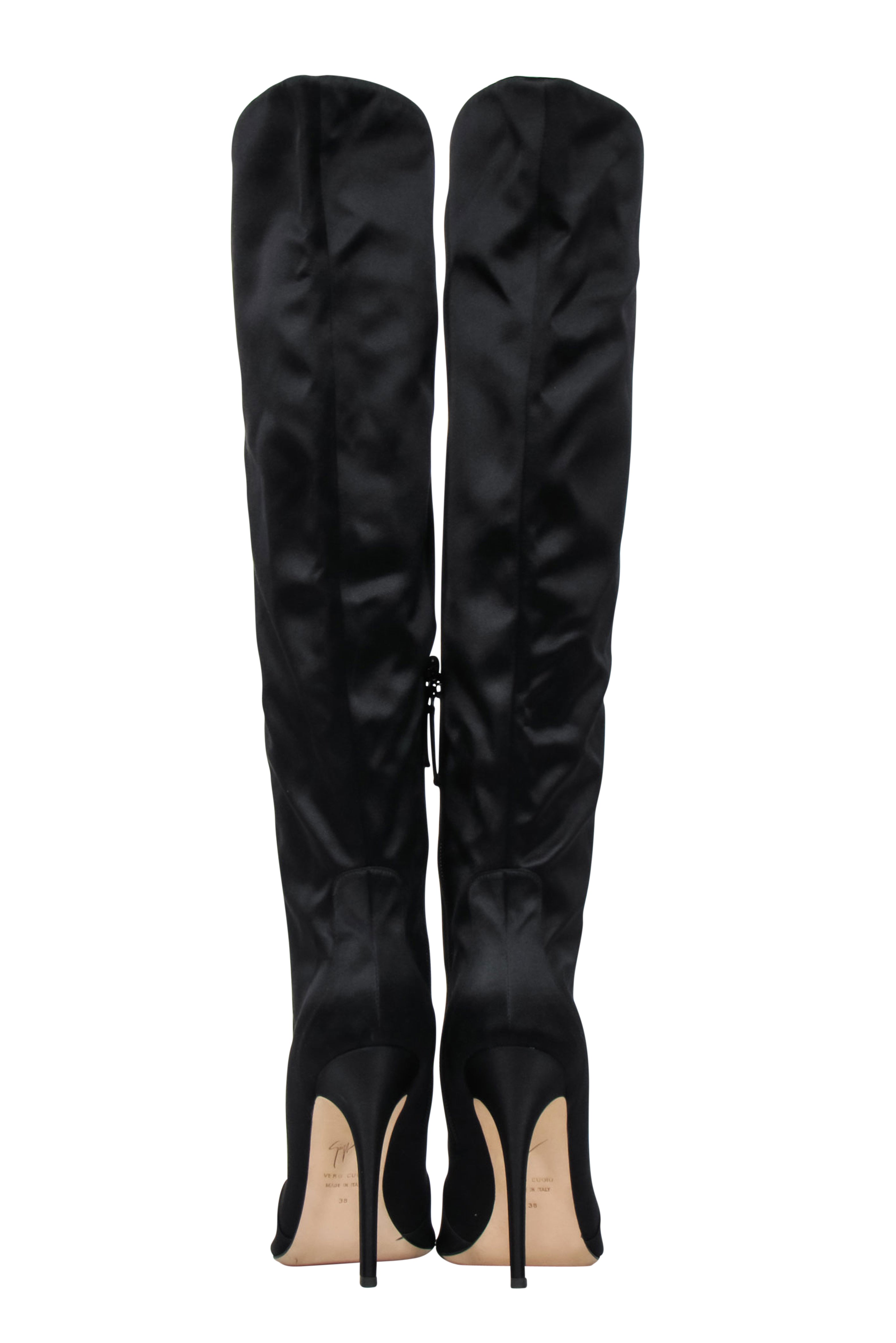 Giuseppe Zanotti Black Satin Peep-Toe Knee-High Boots - Size 8