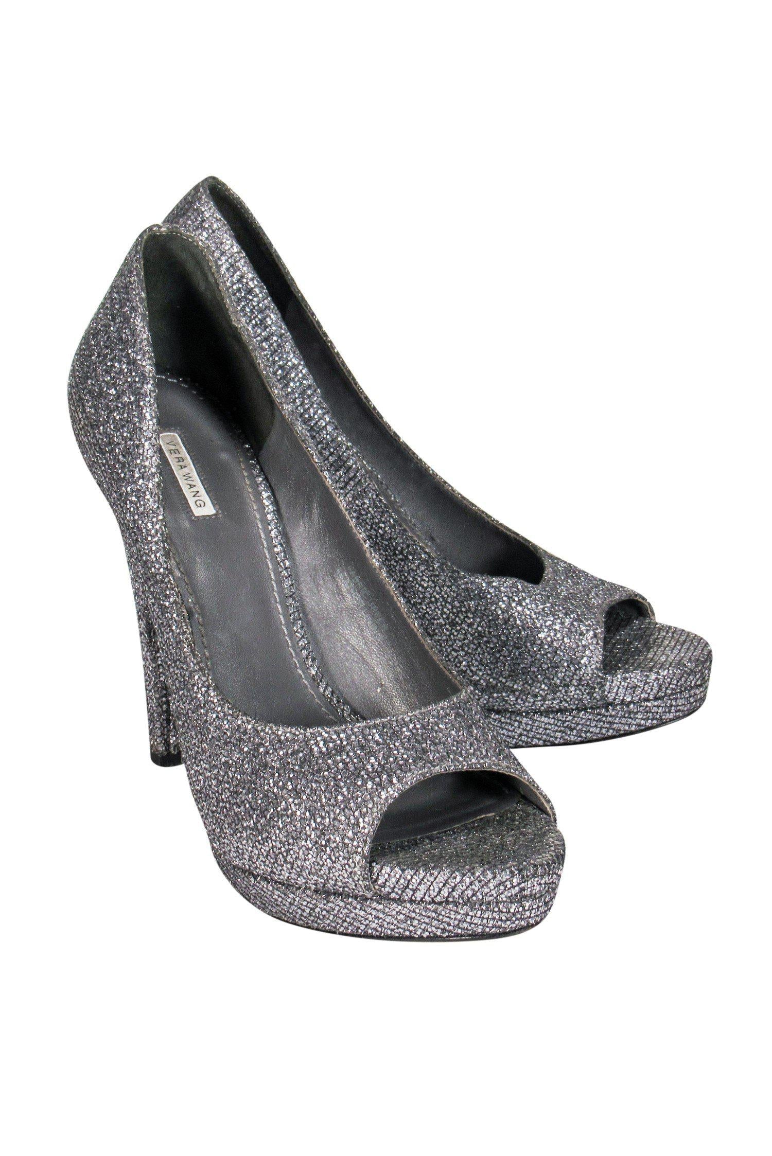 Vera Wang Gunmetal Glitter Peep - Toe Pumps: Size 7.5 Party Glam!
