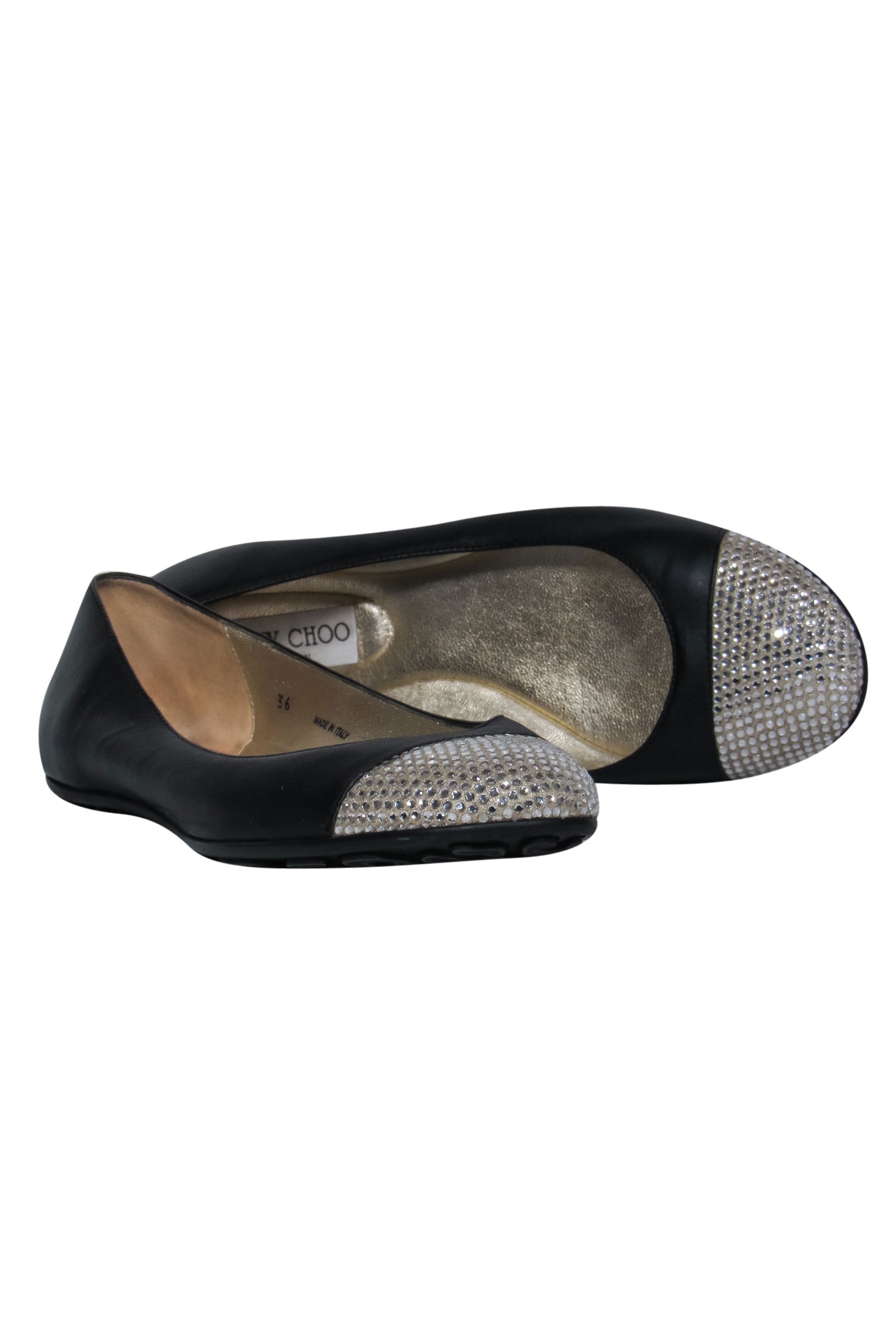 Jimmy Choo Black Leather Rhinestone Cap Toe Ballet Flats - Size 6: Sparkle in Style!