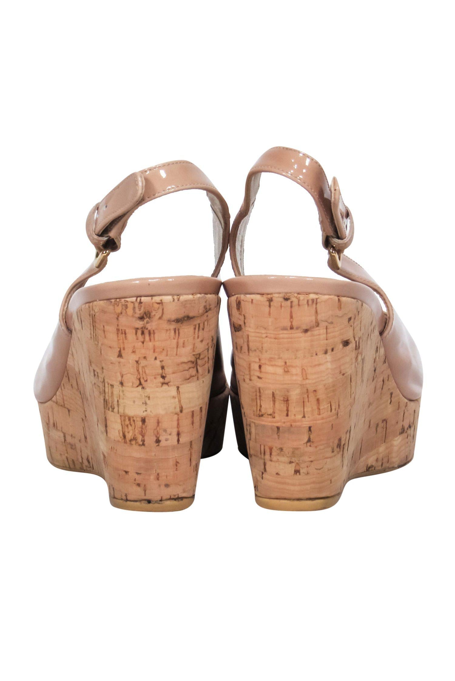 Stuart Weitzman's Glamorous Nude Patent Leather Peep Toe Slingback Cork Wedges - Size 8.5