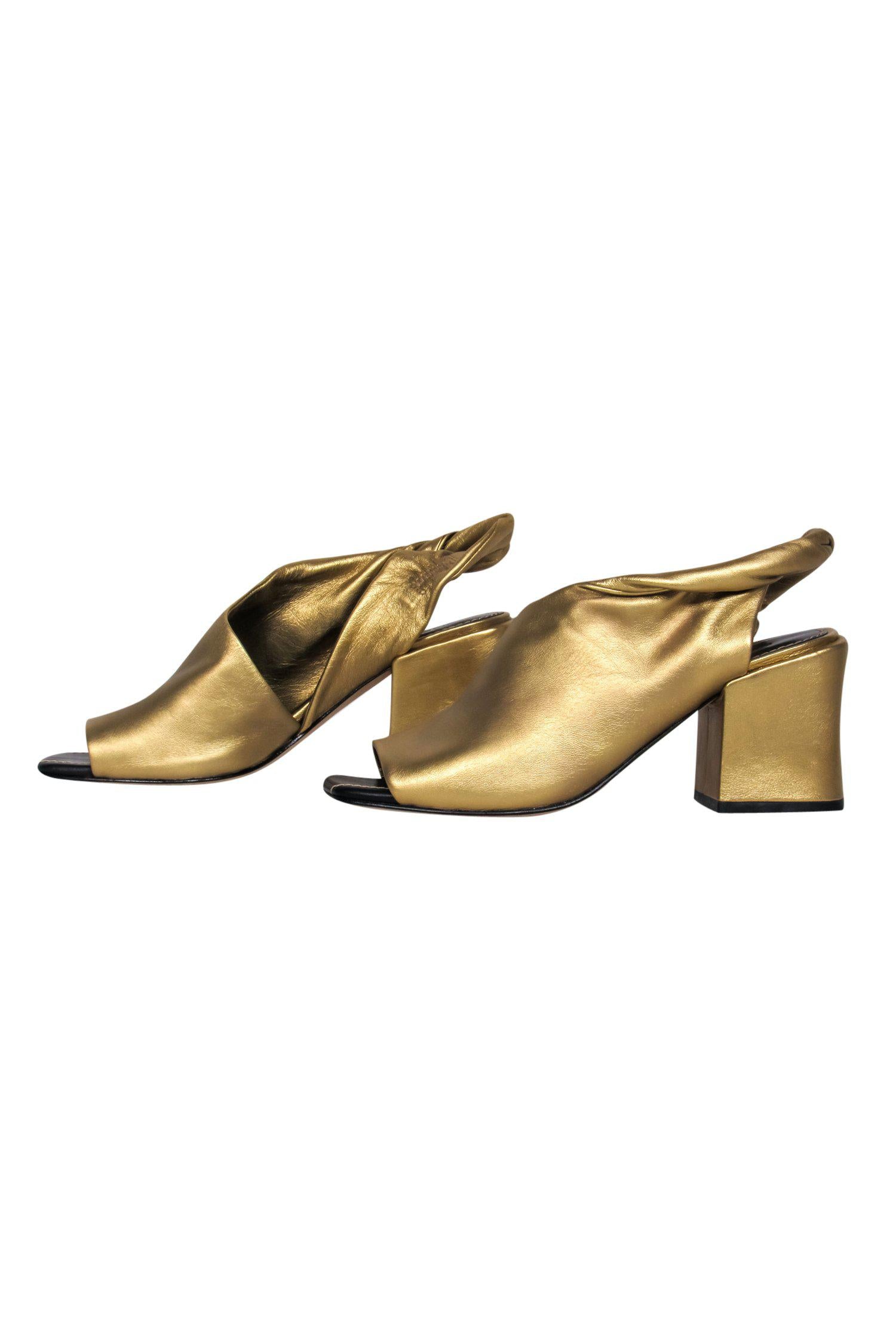 Sigerson Morrison Gold Leather Open - Toe Block Heel Slingback Pumps: Size 7 Golden Glam!