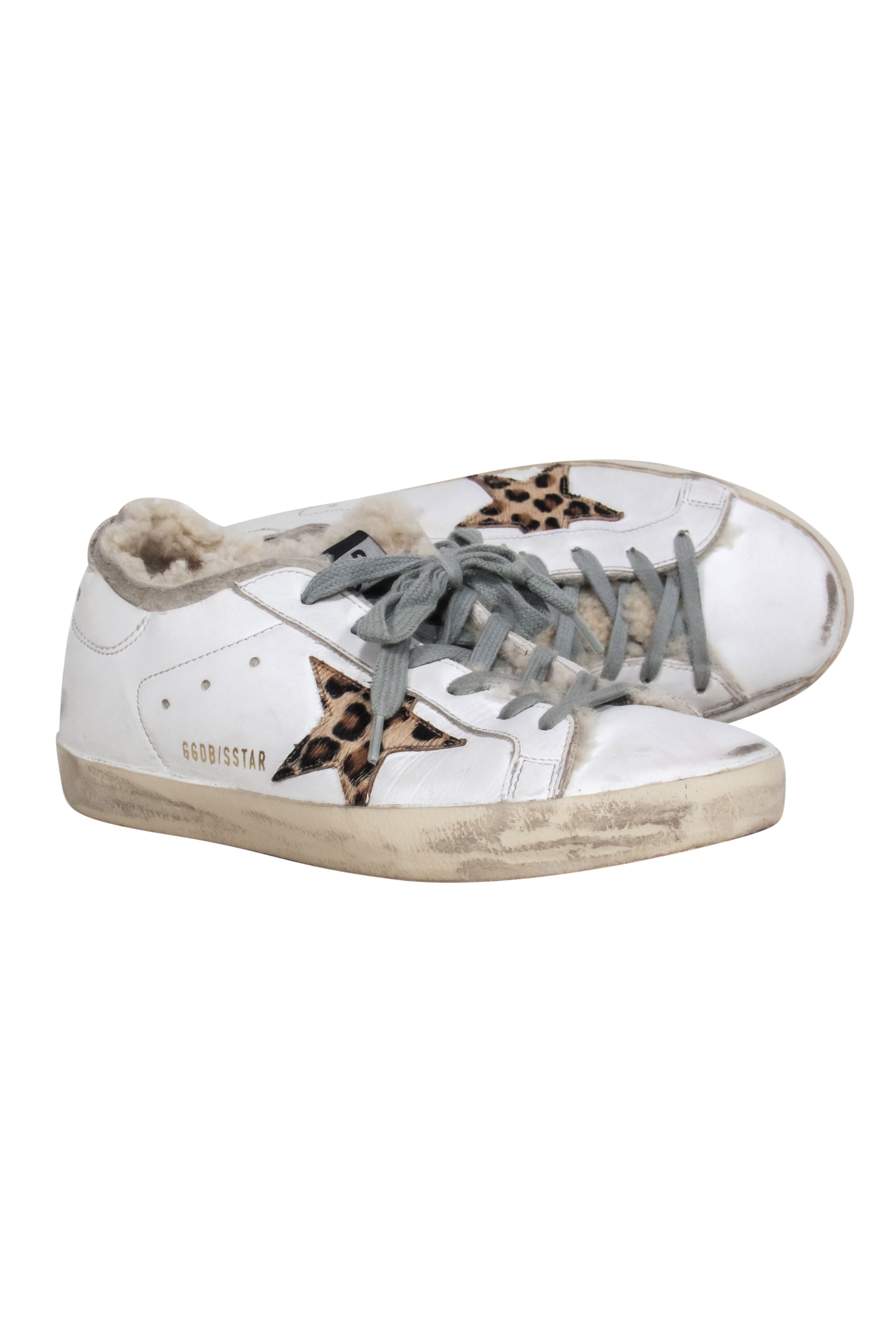 Golden Goose White Superstar Sherpa-Lined Lace-Up Sneakers with Leopard Star - Size 7