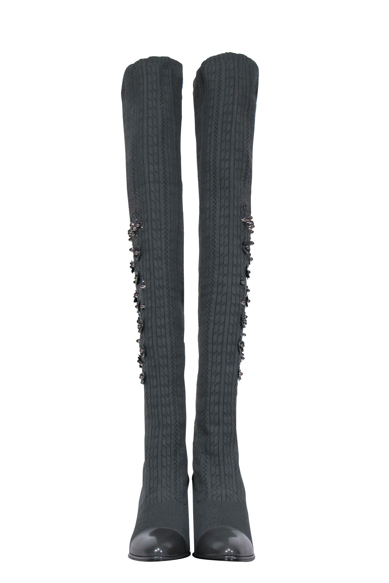 Stuart Weitzman - Gorgeous Grey Knit Over-the-Knee Heeled Boots with Sparkling Embellishments, Size 7.5