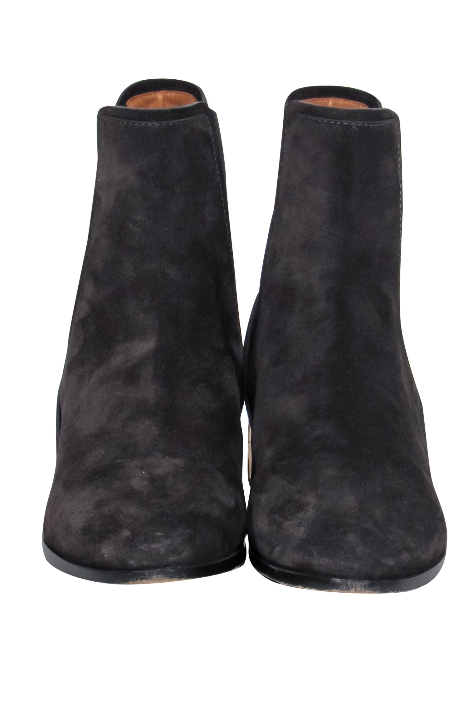Chloe Black Suede Chelsea Booties - Gold Block Heel, Size 8.5